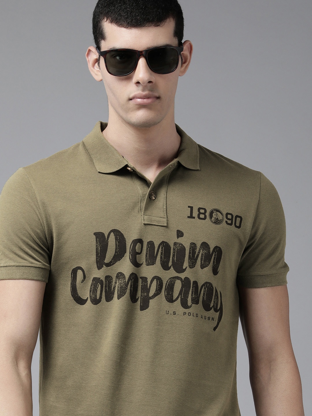 

U S Polo Assn Denim Co Men Olive Green Brand Logo Printed Pure Cotton Slim Polo T-shirt