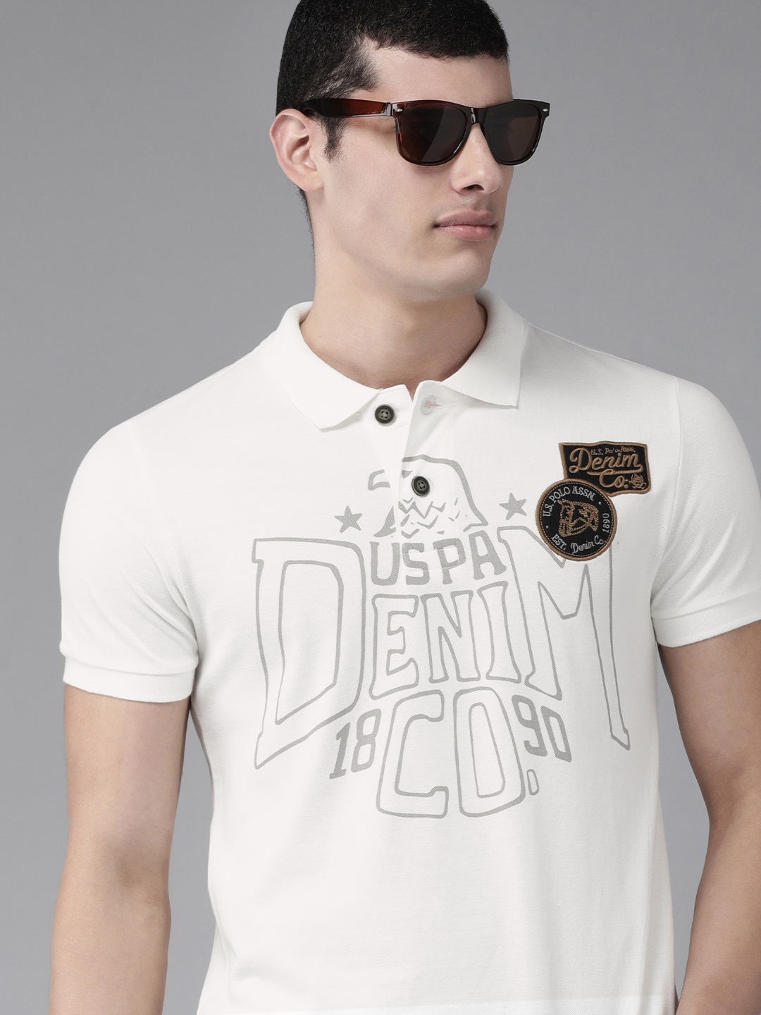 

U S Polo Assn Denim Co Men White Brand Logo Printed Slim Fit Pure CottonT-shirt