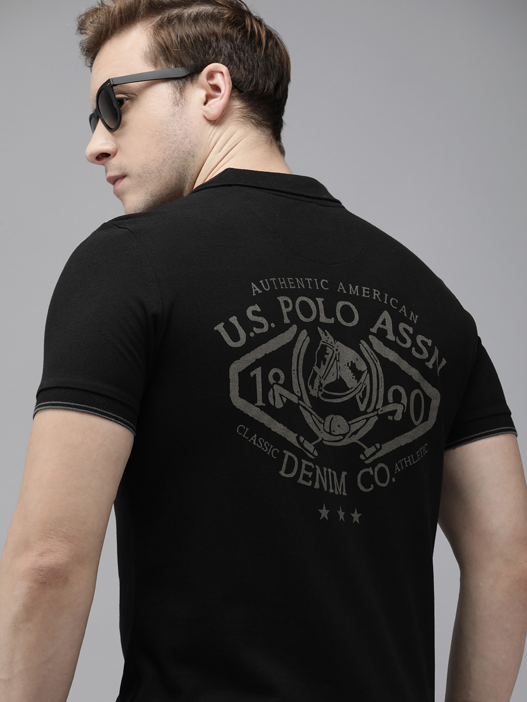 

U.S. Polo Assn. Denim Co. Men Black Pure Cotton Brand Logo Printed Polo Collar T-shirt