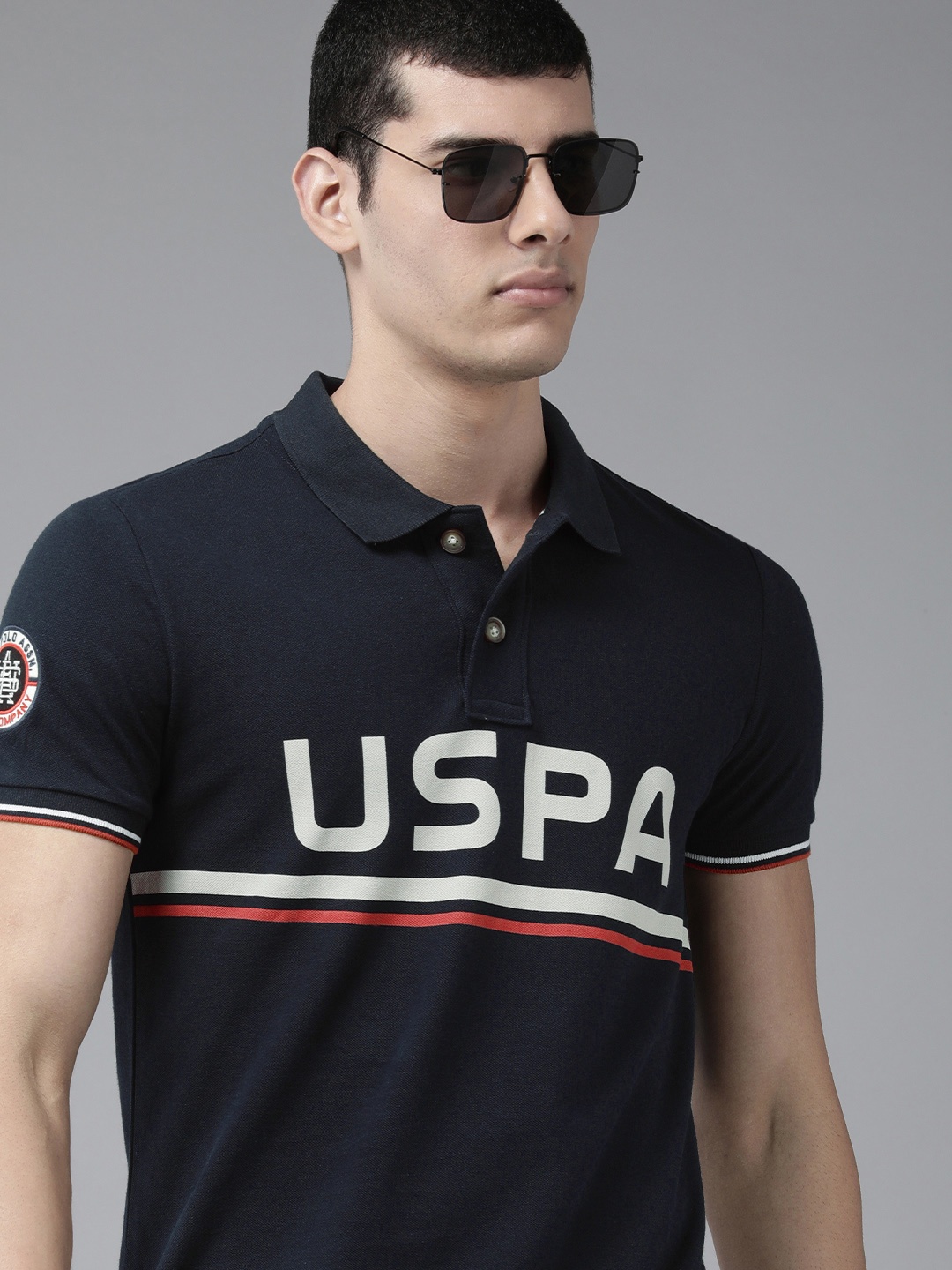 

U S Polo Assn Denim Co Men Navy Blue Brand Logo Printed Pure Cotton Slim Fit Polo T-shirt