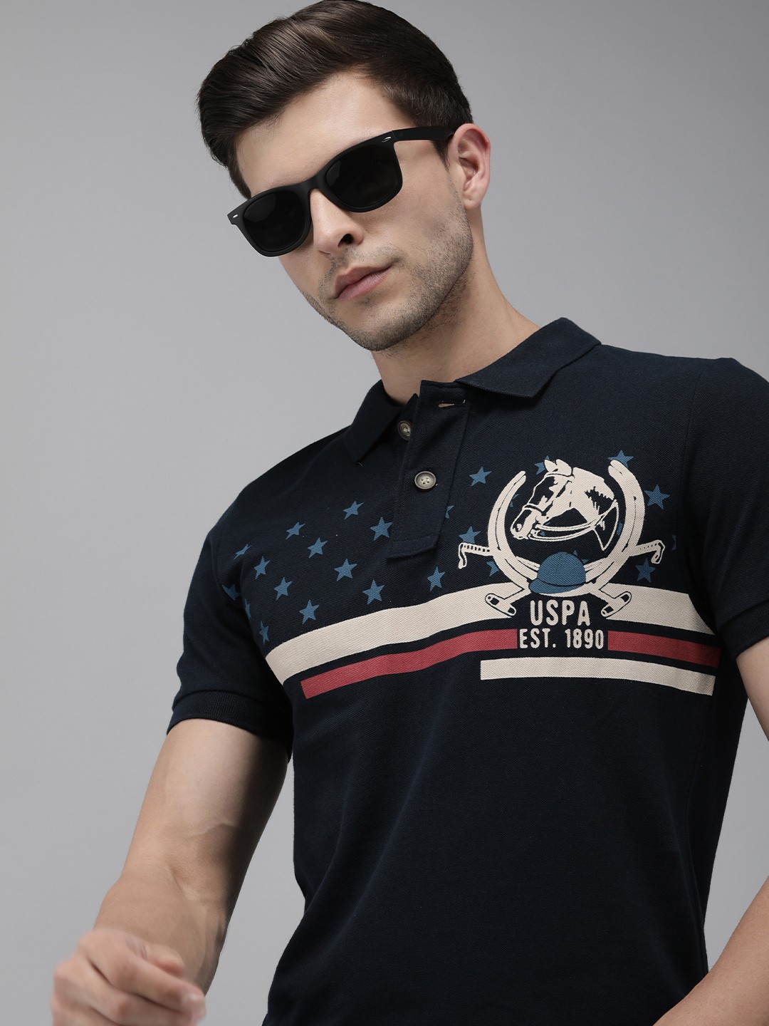 

U.S. Polo Assn. Denim Co. Men Navy Blue Printed Polo Collar Pure Cotton Slim Fit T-shirt