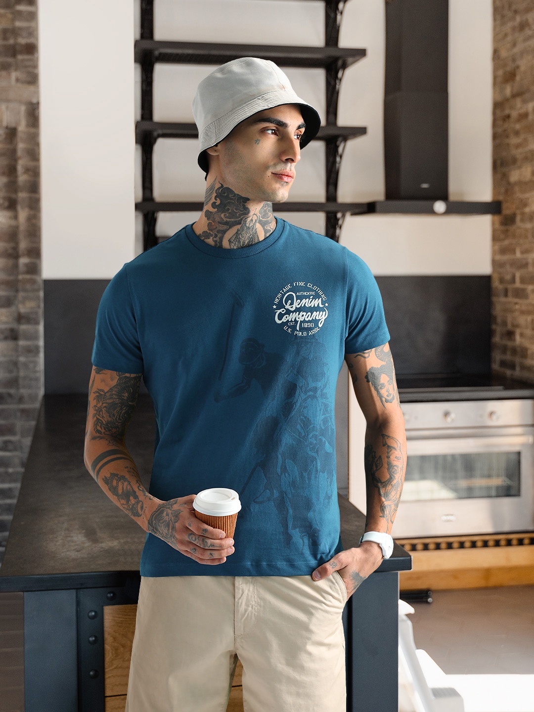 

U S Polo Assn Denim Co Men Blue Pure Cotton Typography Printed T-shirt