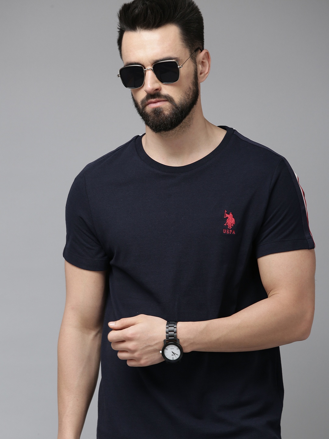 

U S Polo Assn Men Navy Blue Slim Fit Pure Cotton T-shirt