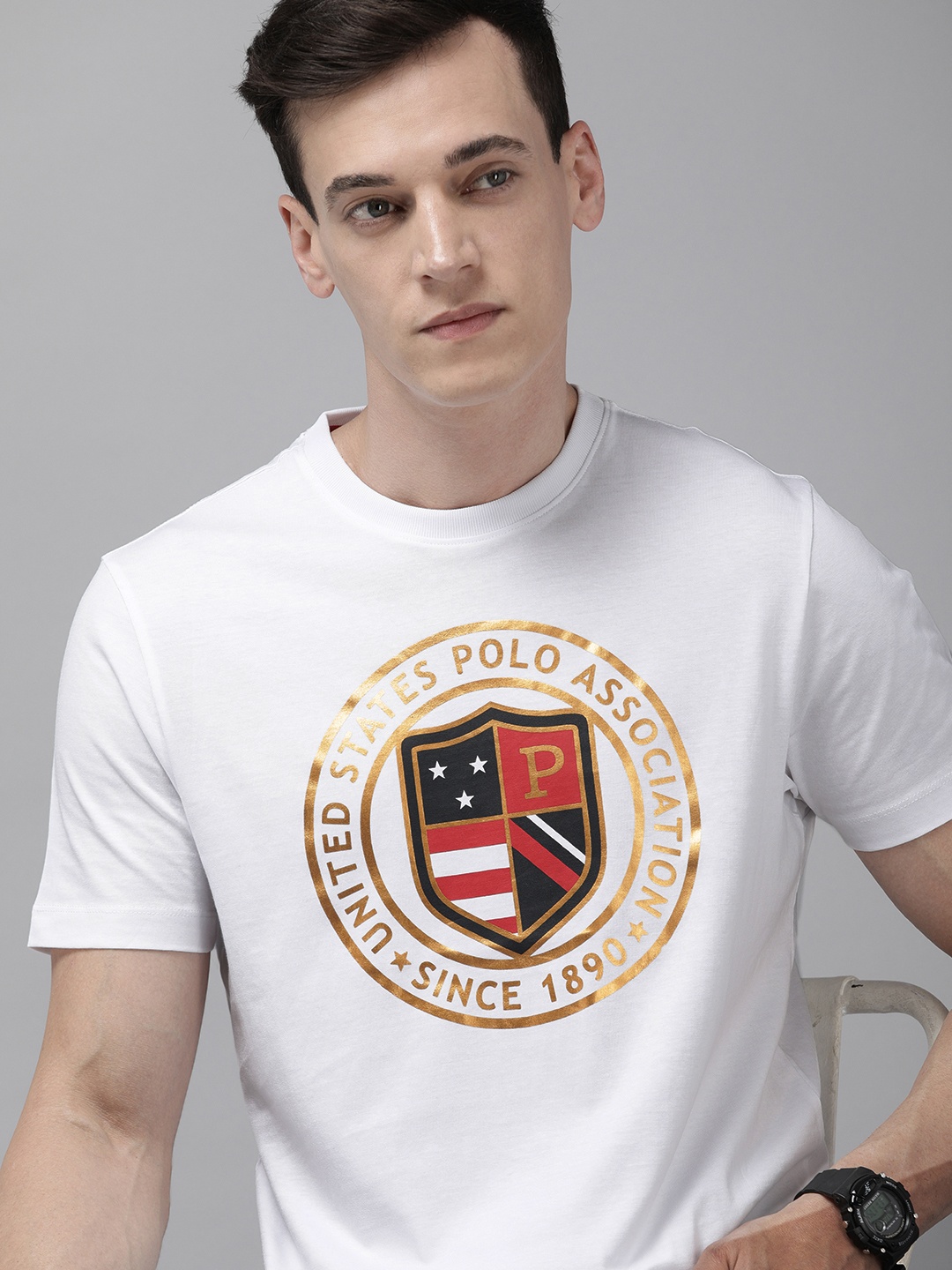 

U S Polo Assn Men White & Gold-Toned Brand Logo Printed Pure Cotton Slim Fit T-shirt