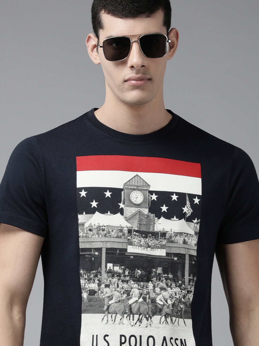

U S Polo Assn Denim Co Men Navy Blue Graphic Printed Pure Cotton Slim Fit T-shirt