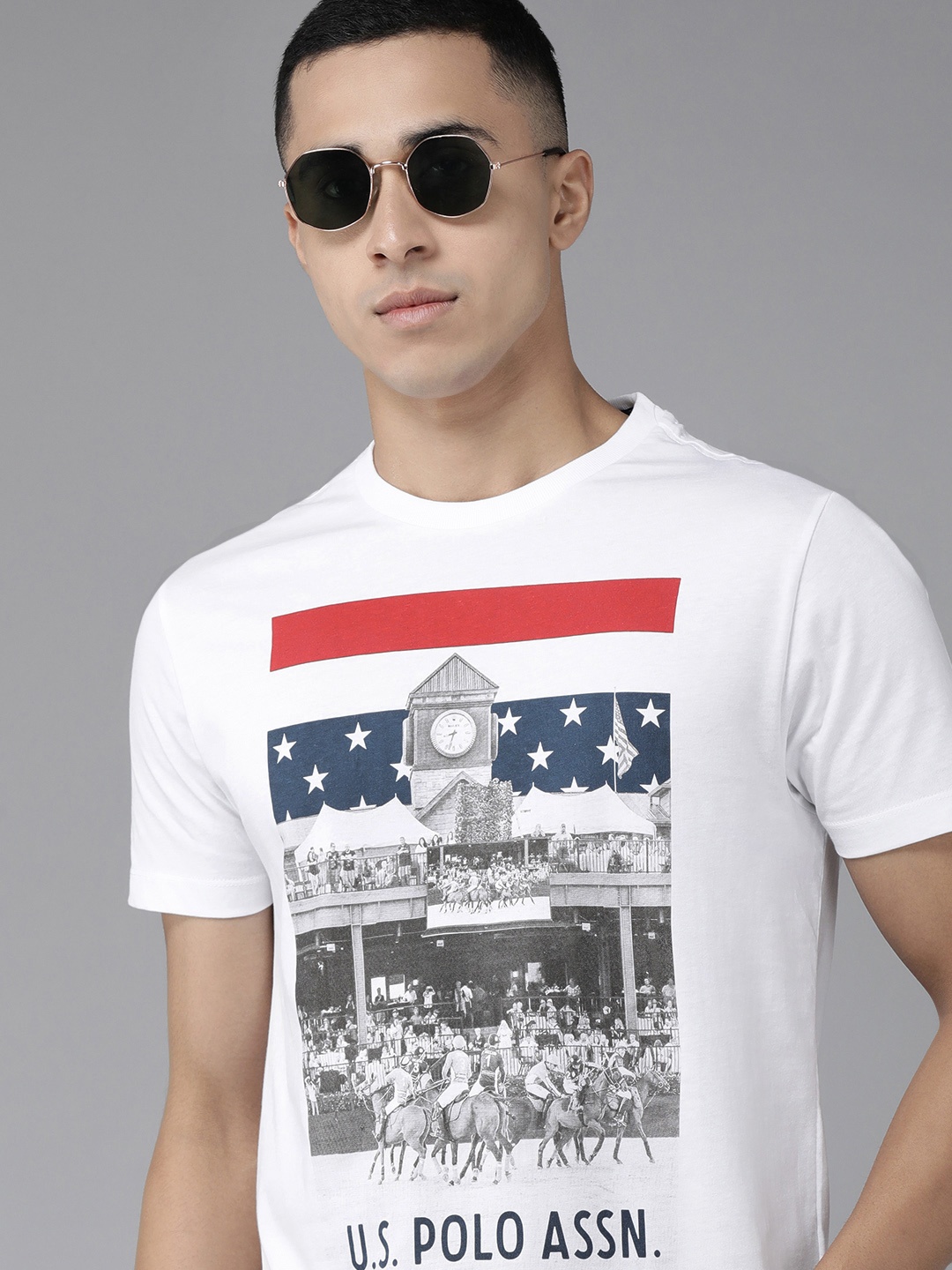 

U S Polo Assn Denim Co Men White & Red Printed Pure Cotton Slim Fit T-shirt