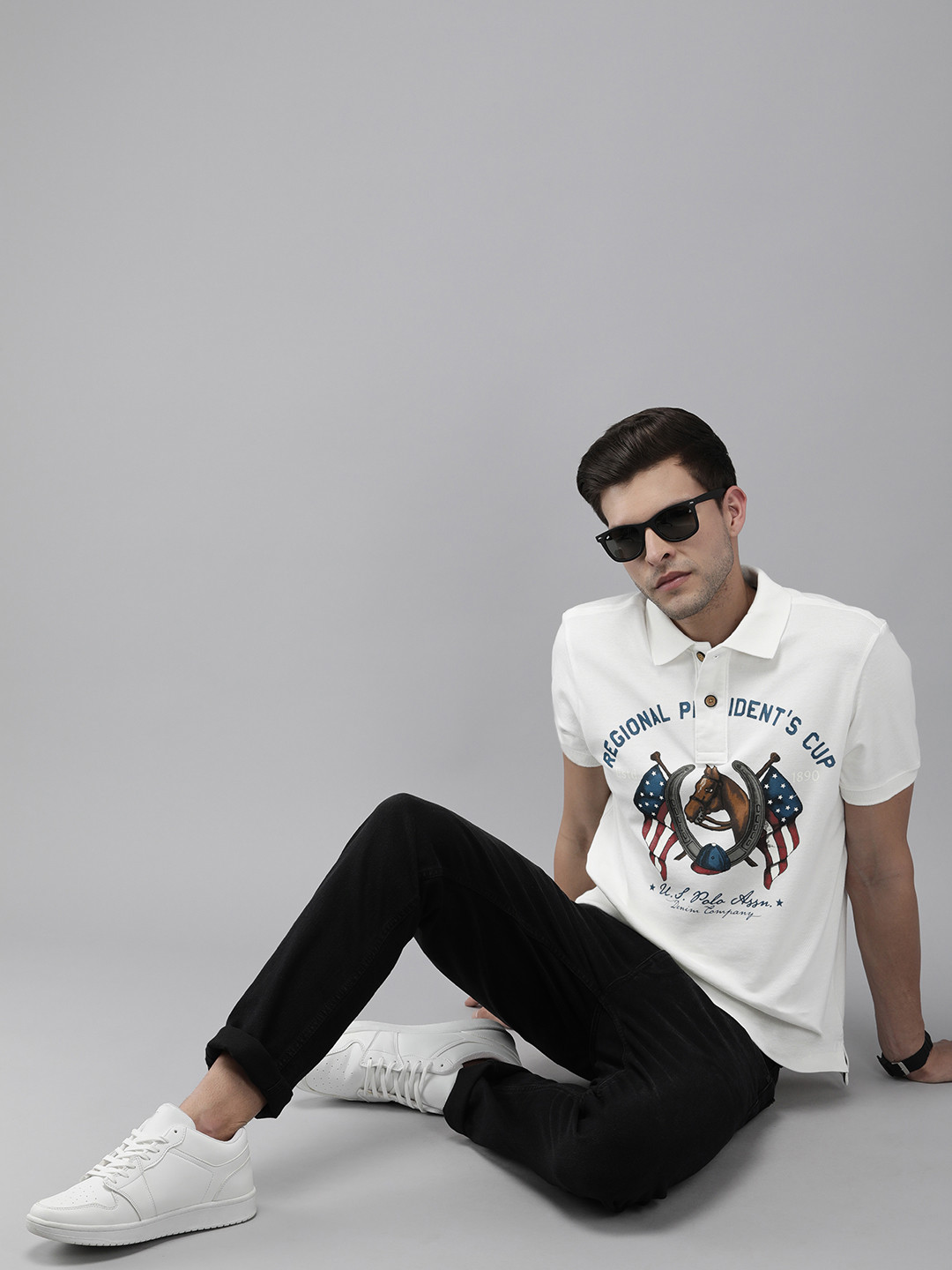 

U.S. Polo Assn. Denim Co. Men White Printed Polo Collar Pure Cotton Slim Fit T-shirt