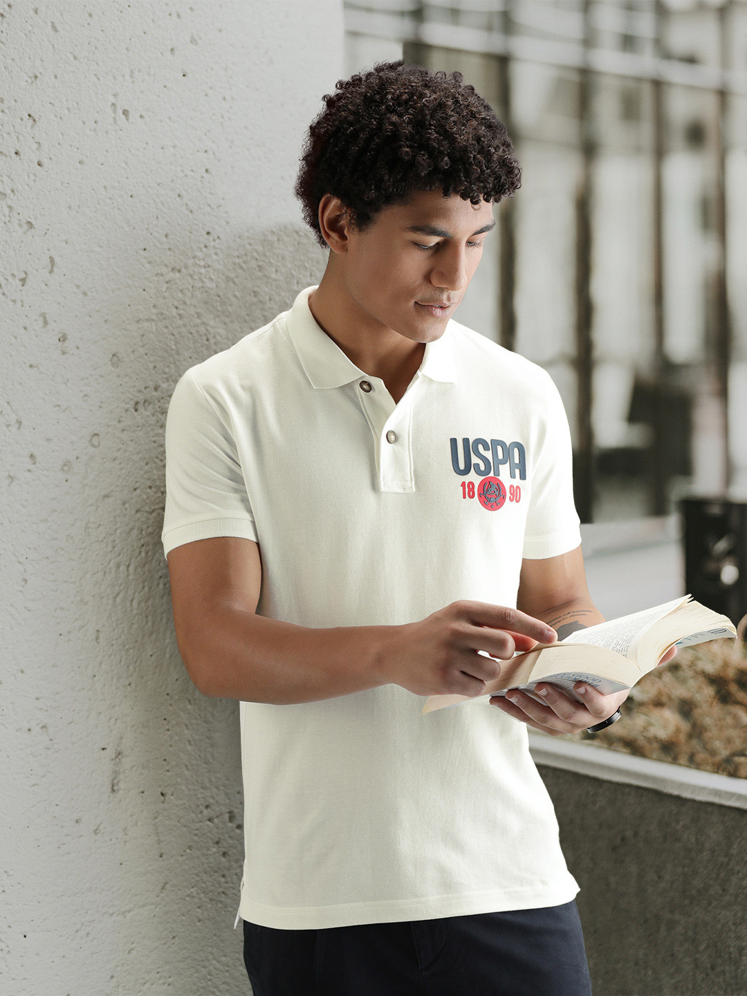 

U S Polo Assn Denim Co Men Off White Pure Cotton Brand Logo Printed Polo Collar T-shirt