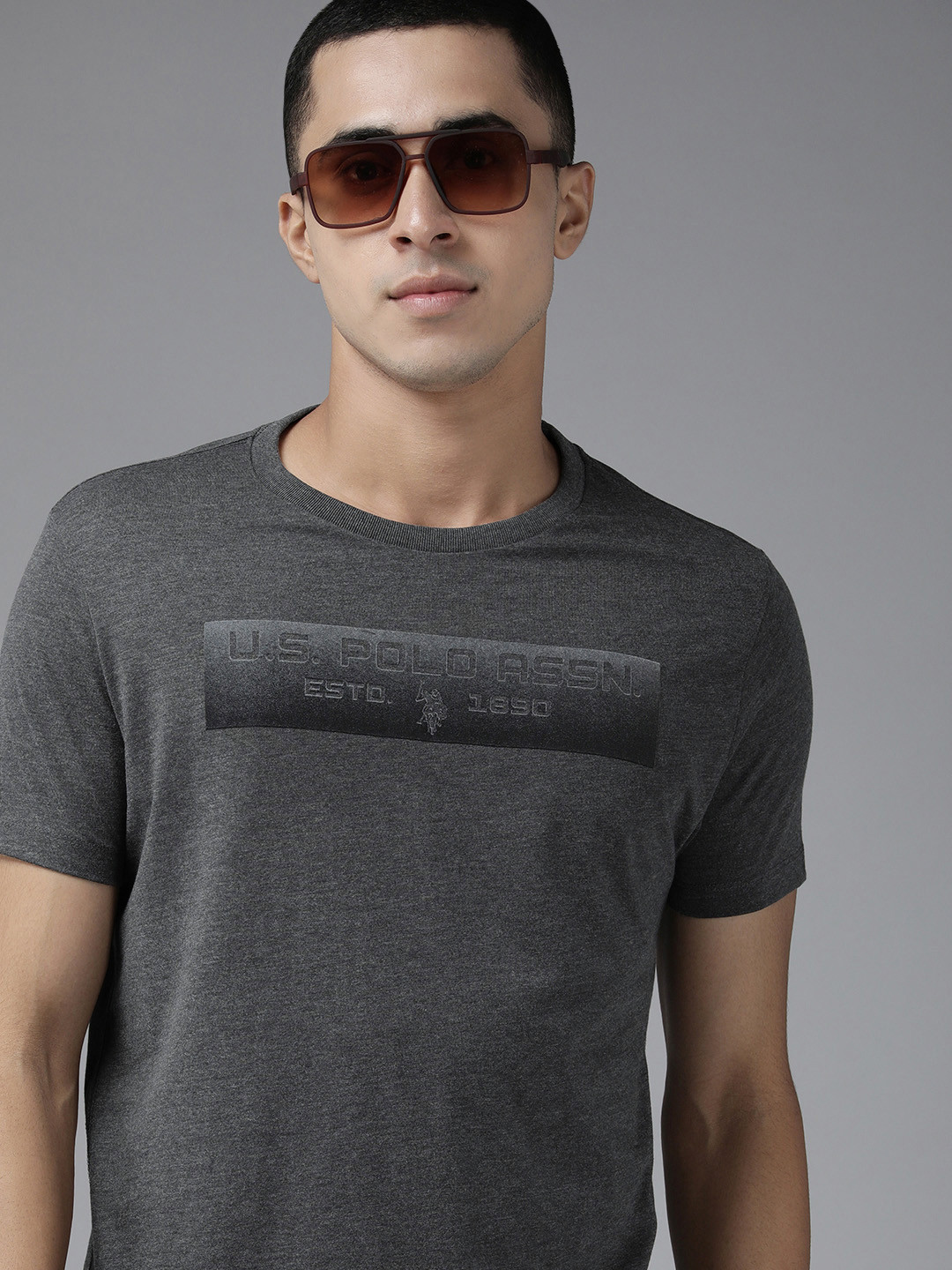 U S Polo Assn Denim Co Men Charcoal Grey Brand Logo Printed Slim Fit T-shirt