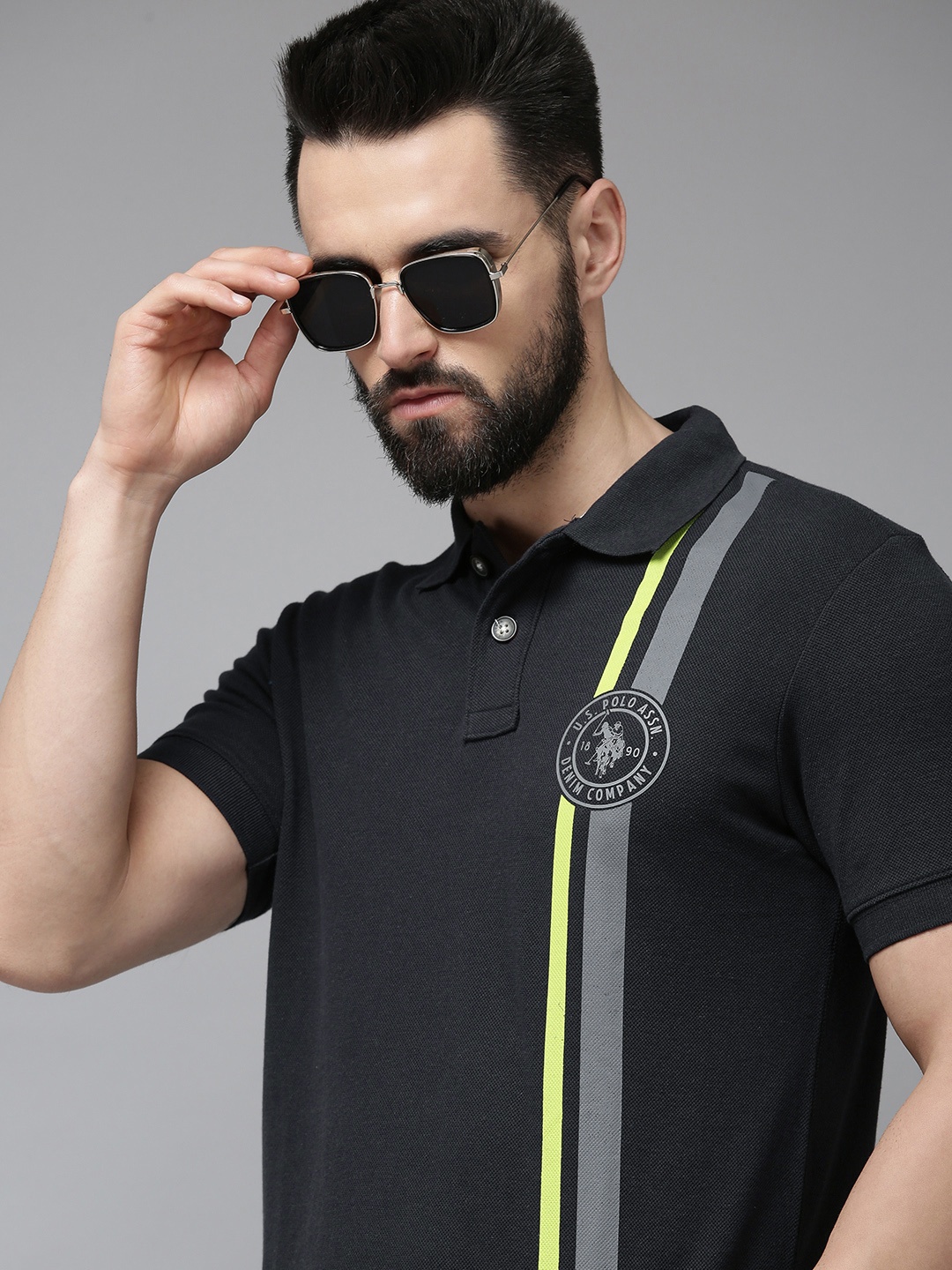 

U S Polo Assn Denim Co Men Navy Blue Striped Polo Collar Slim Fit T-shirt
