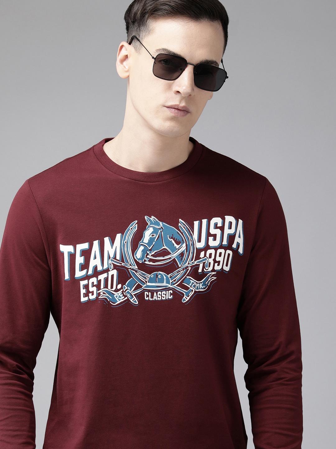 

U S Polo Assn Denim Co Brand Logo Printed Pure Cotton Slim Fit T-shirt, Maroon