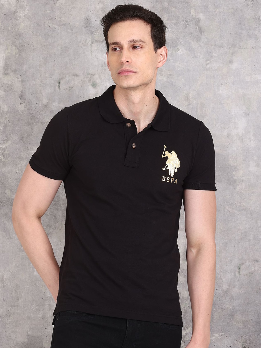 

U.S. Polo Assn. Denim Co. Men Black Brand Logo Polo Collar Pure Cotton Slim Fit T-shirt