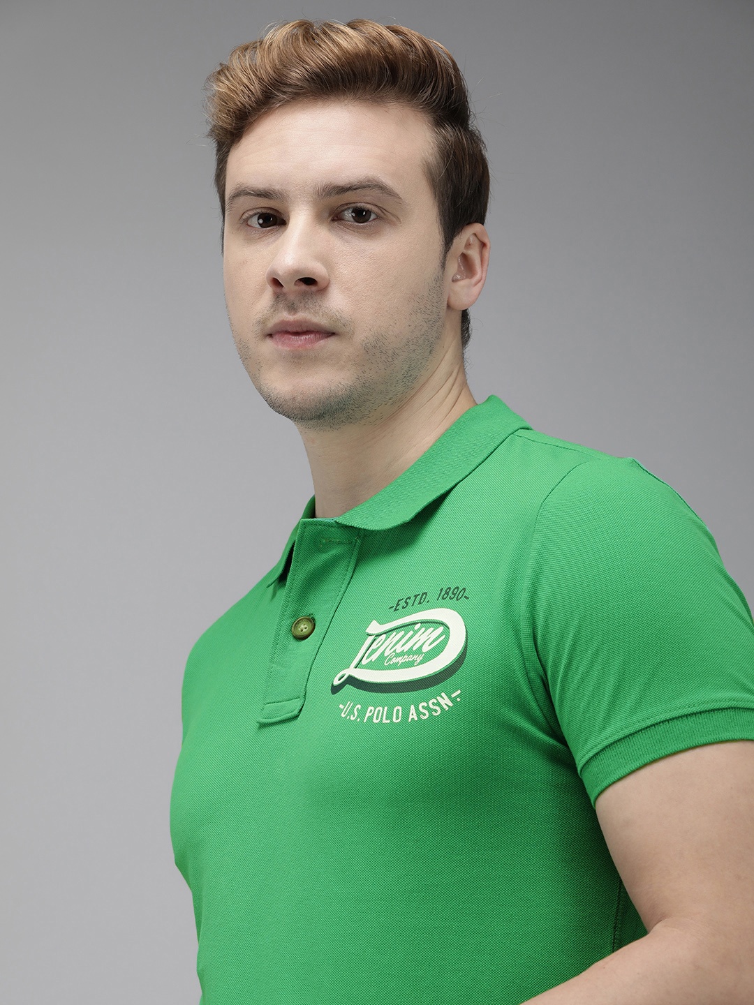 

U S Polo Assn Denim Co Men Green Pure Cotton Brand Logo Printed Polo Collar T-shirt