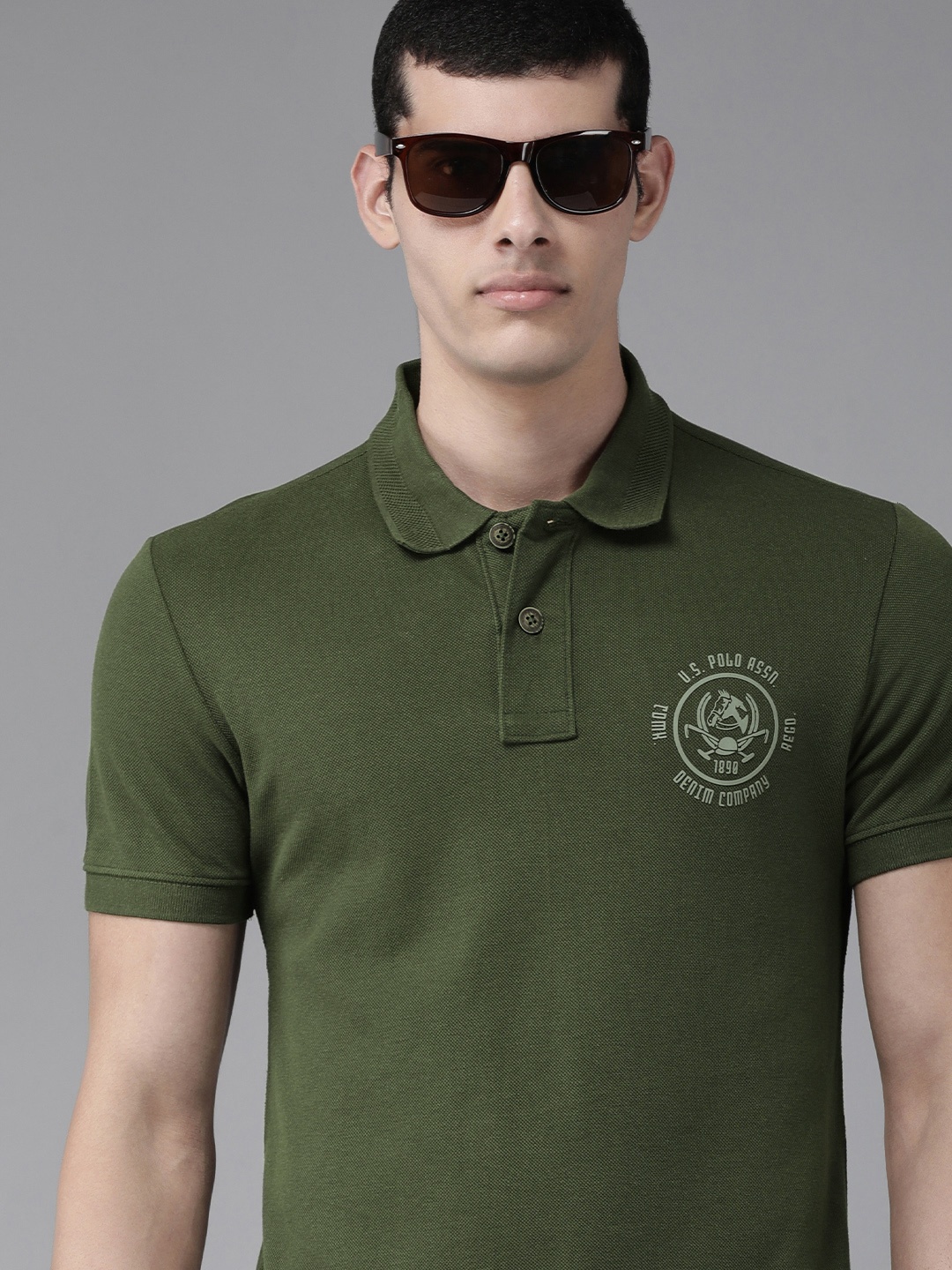 

U S Polo Assn Denim Co Men Olive Green Solid Polo Collar Slim Fit T-shirt