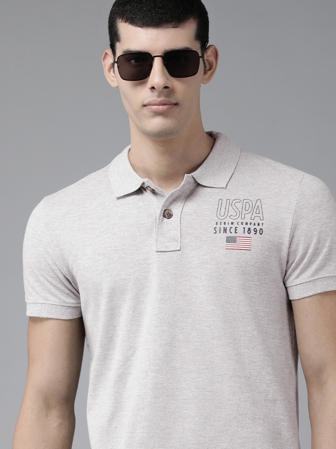 

U S Polo Assn Denim Co Men Grey Brand Logo Printed Polo Collar Slim Fit T-shirt