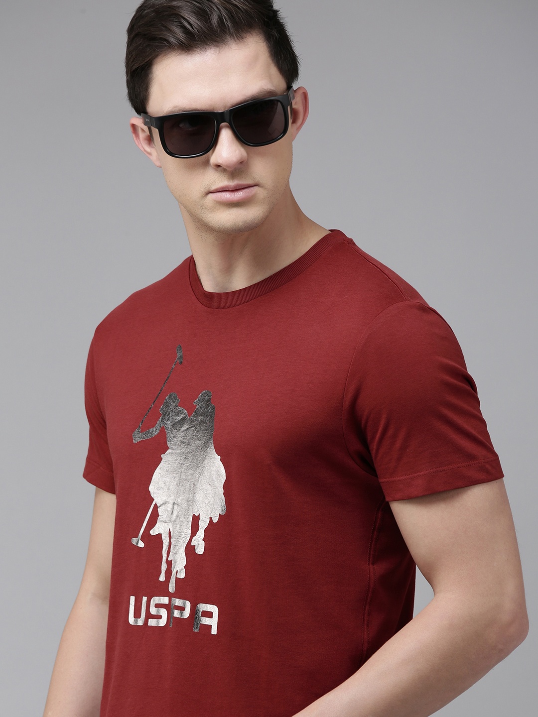 

U S Polo Assn Denim Co Men Maroon Brand Logo Printed Slim Fit T-shirt