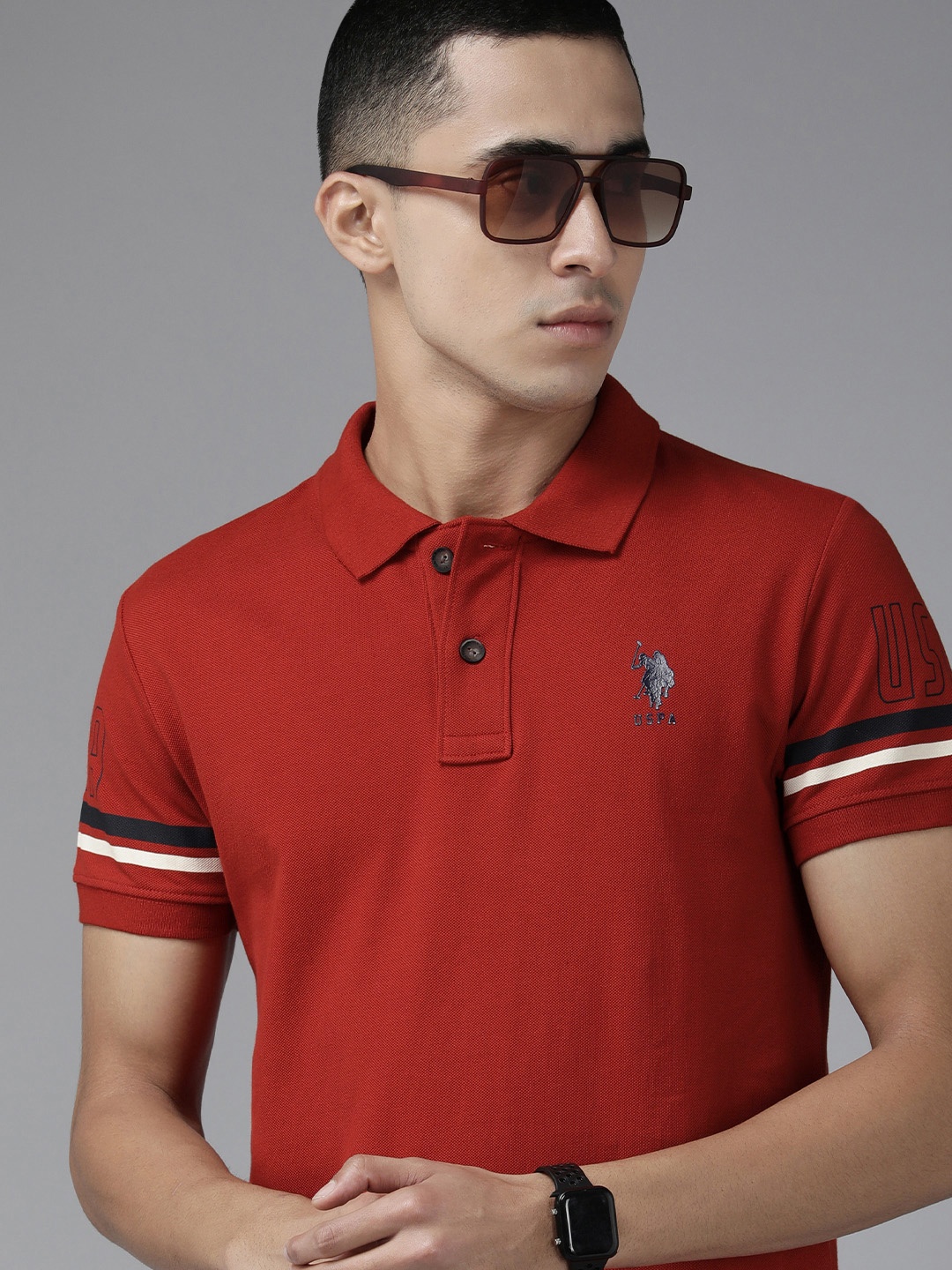 

U S Polo Assn Denim Co Men Red Brand Logo Printed Polo Collar Pure Cotton Slim Fit T-shirt