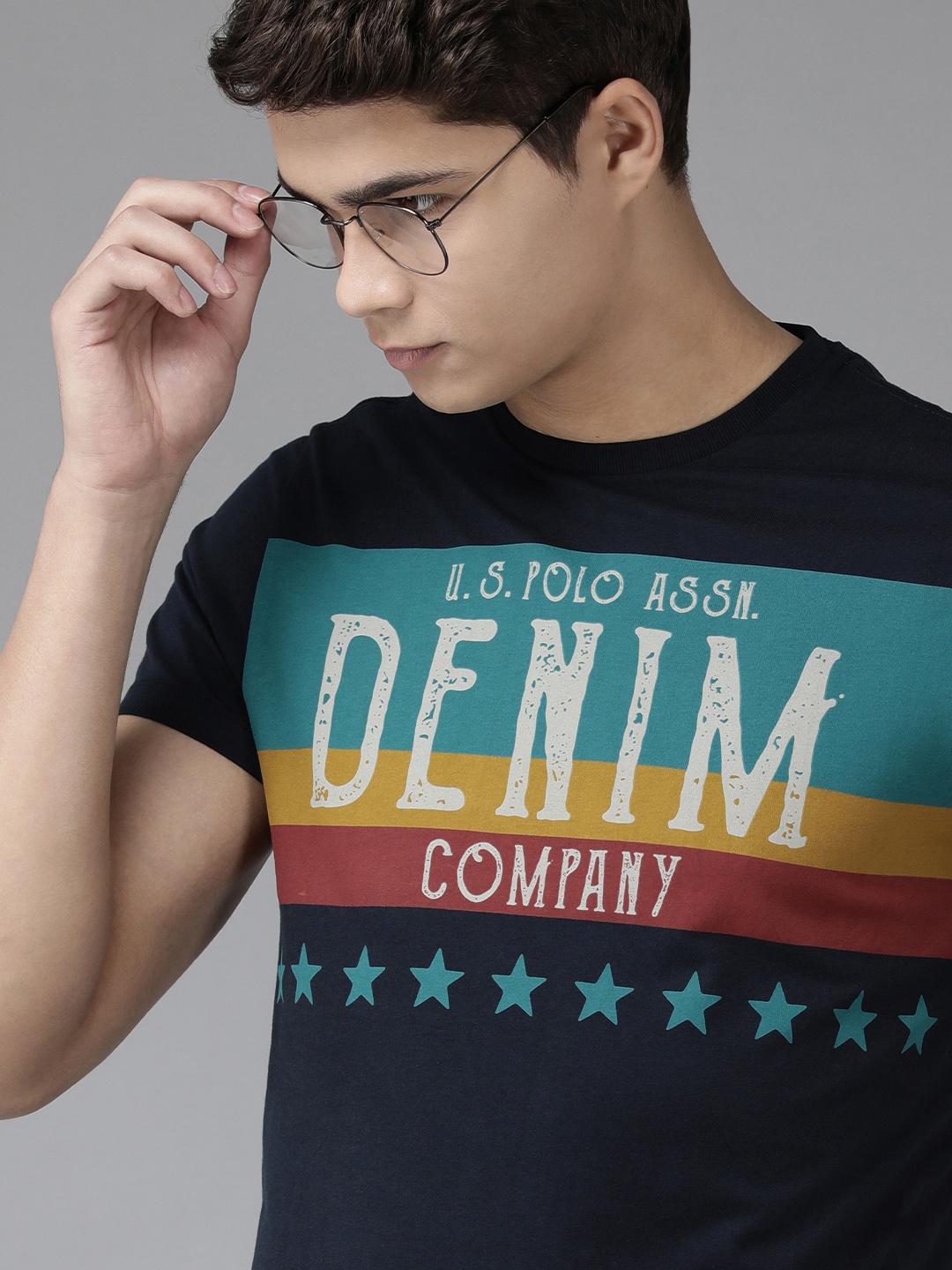 

U S Polo Assn Denim Co Men Navy Blue Typography Printed Pure Cotton Slim Fit T-shirt