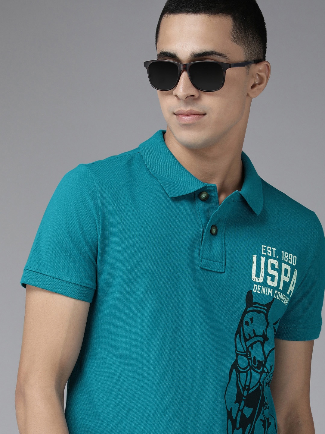 U.S. Polo Assn. Denim Co. Men Teal Blue Brand Logo Printed Pure Cotton Slim Fit T-shirt