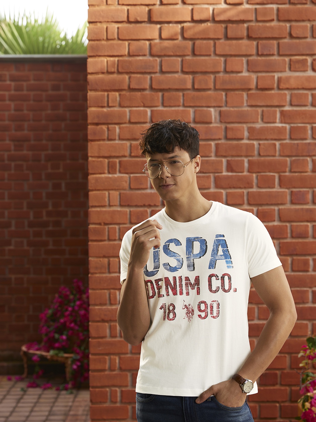 

U S Polo Assn Denim Co Men White & Blue Brand Logo Printed Pure Cotton Slim Fit T-shirt