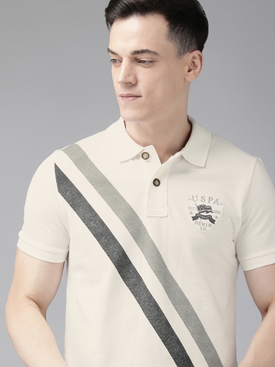 

U S Polo Assn Denim Co. Typography Striped Polo Collar Pure Cotton Slim Fit T-shirt, White