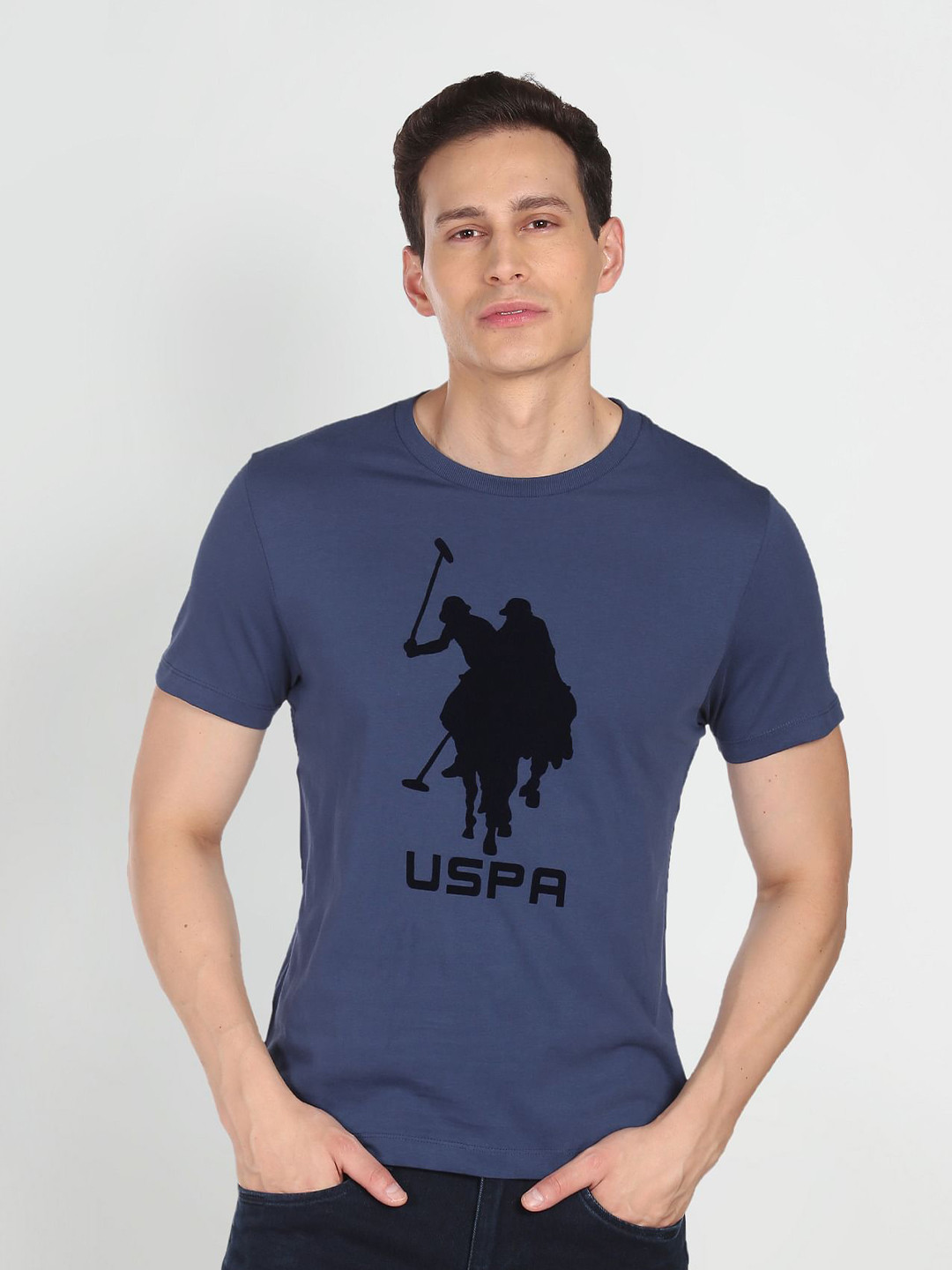

U S Polo Assn Denim Co Men Blue Brand Logo Printed Applique Pure Cotton Slim Fit T-shirt