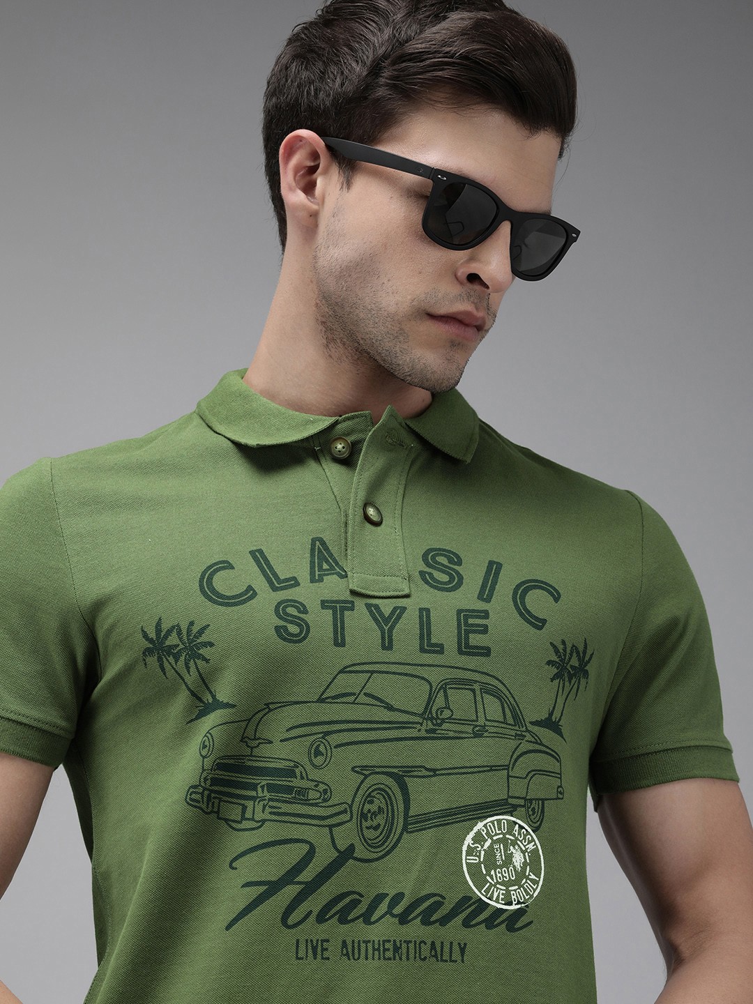 

U.S. Polo Assn. Denim Co. Men Olive Green Printed Polo Collar Pure Cotton Slim Fit T-shirt