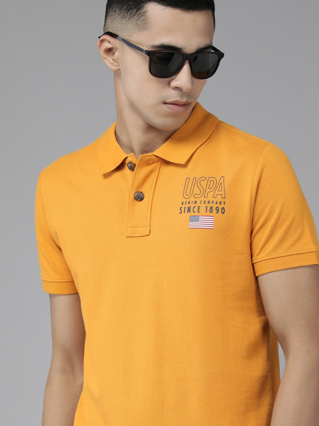 

U S Polo Assn Denim Co Men Mustard Yellow Logo Print Polo Collar Cotton Slim Fit T-shirt