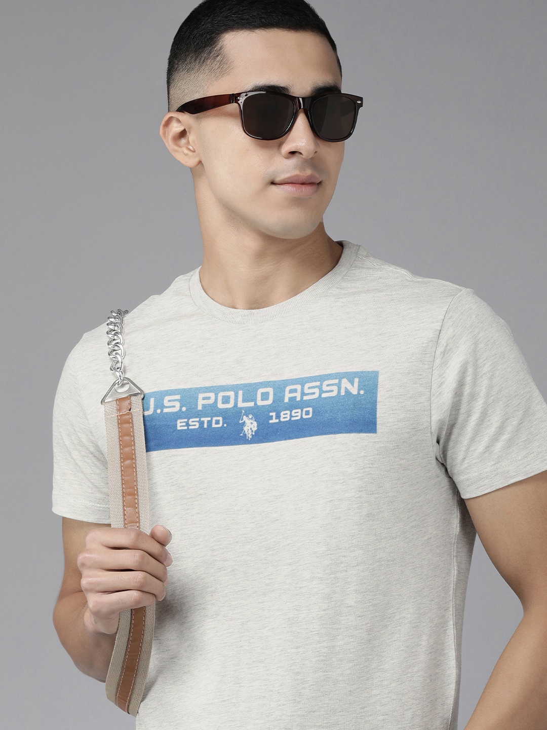 U.S. Polo Assn. Denim Co. Men Grey Melange Brand Logo Printed Slim Fit T-shirt