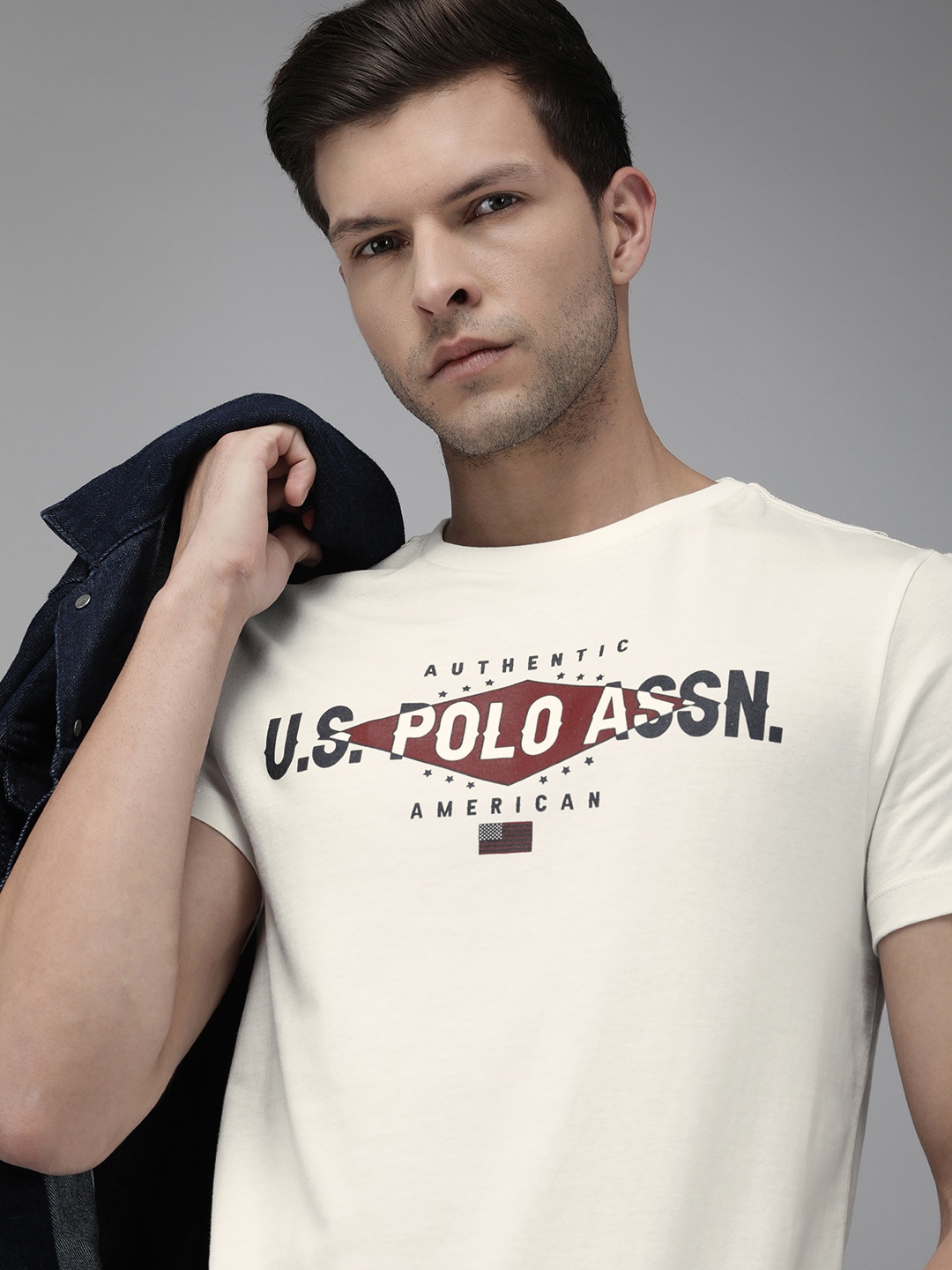 

U S Polo Assn Denim Co Men Off White Pure Cotton Brand Logo Printed T-shirt