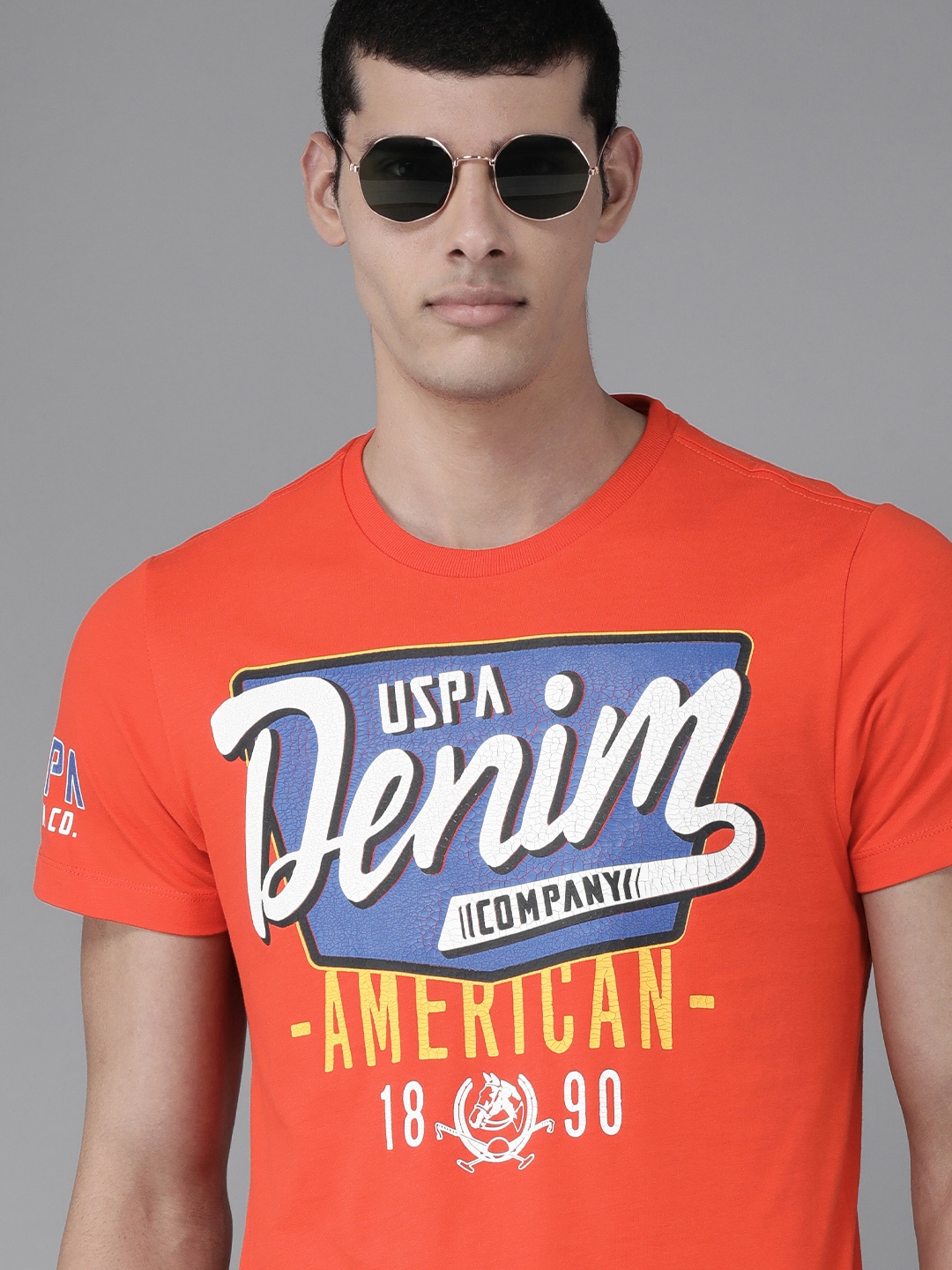 

U S Polo Assn Denim Co Men Orange Brand Logo Printed Pure Cotton Slim Fit T-shirt