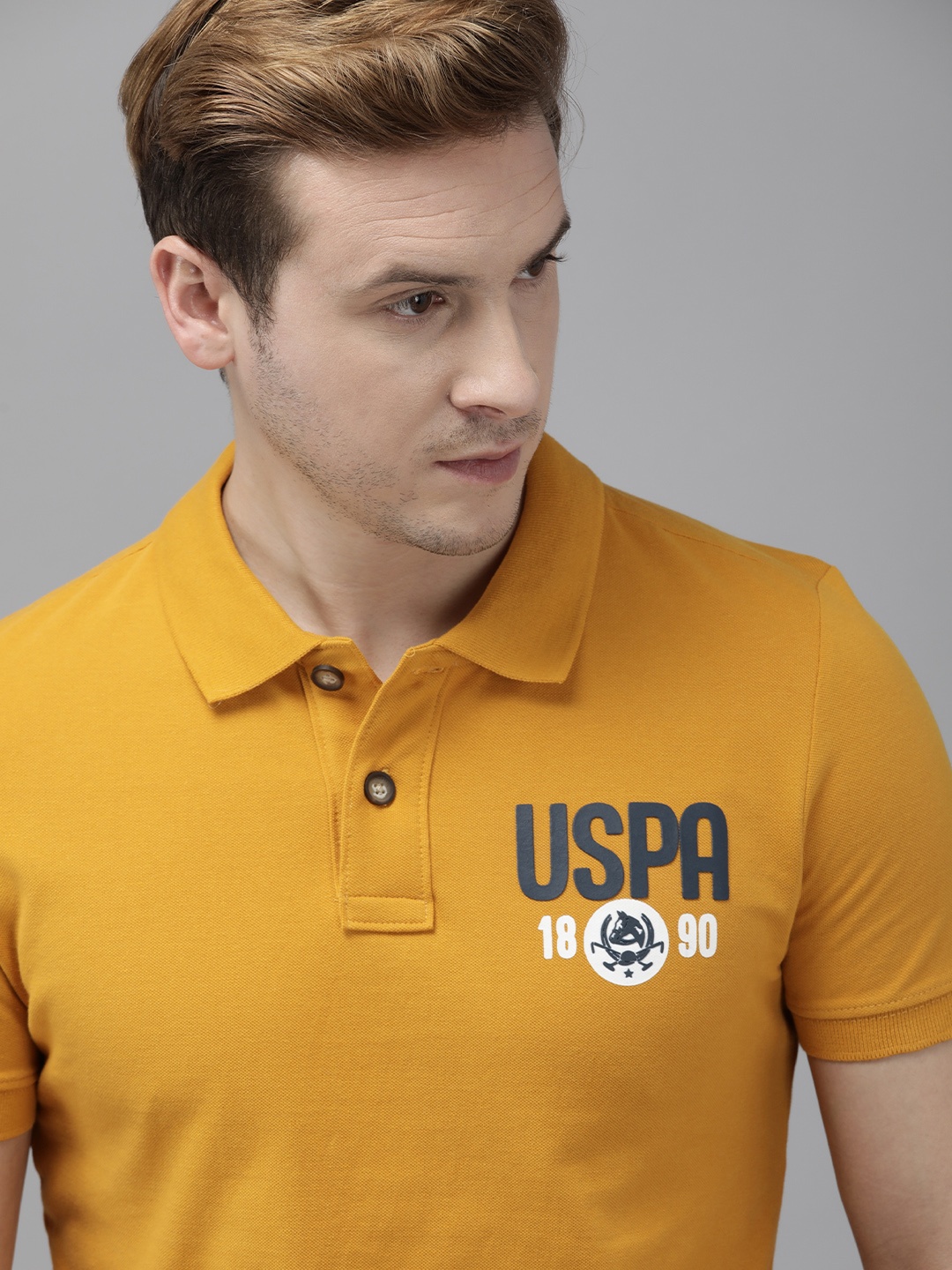 

U.S. Polo Assn. Denim Co. Men Mustard Yellow Pure Cotton Brand Logo Printed T-shirt
