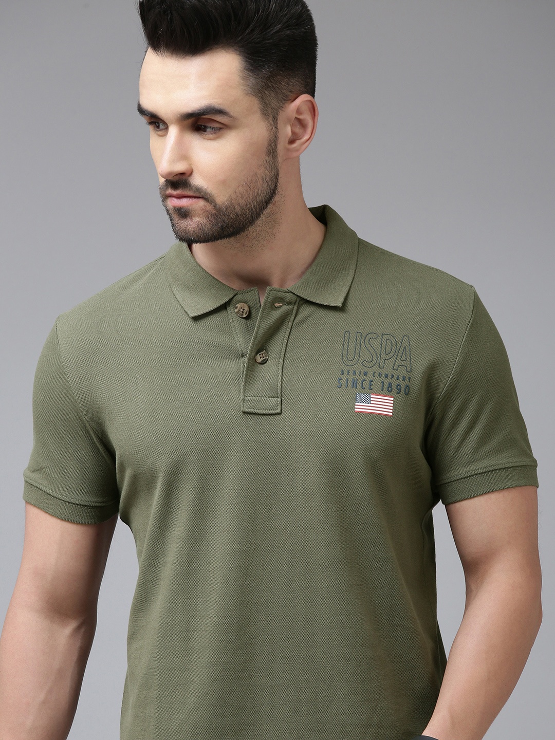 

U.S. Polo Assn. Denim Co. Men Olive Green Pure Cotton Polo Collar T-shirt