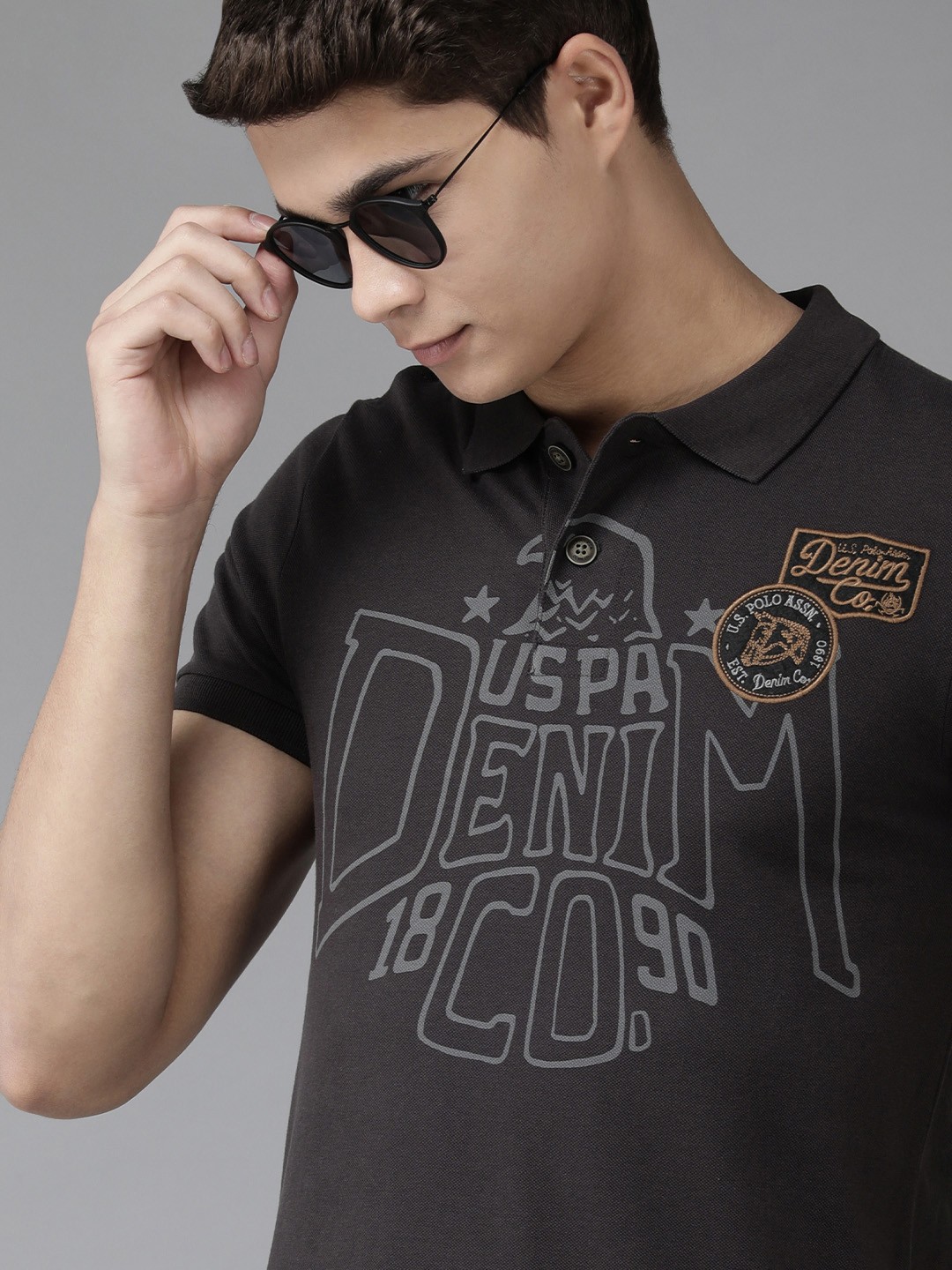 

U S Polo Assn Denim Co Men Dark Grey Typography Printed Polo Slim Fit Pure Cotton T-shirt