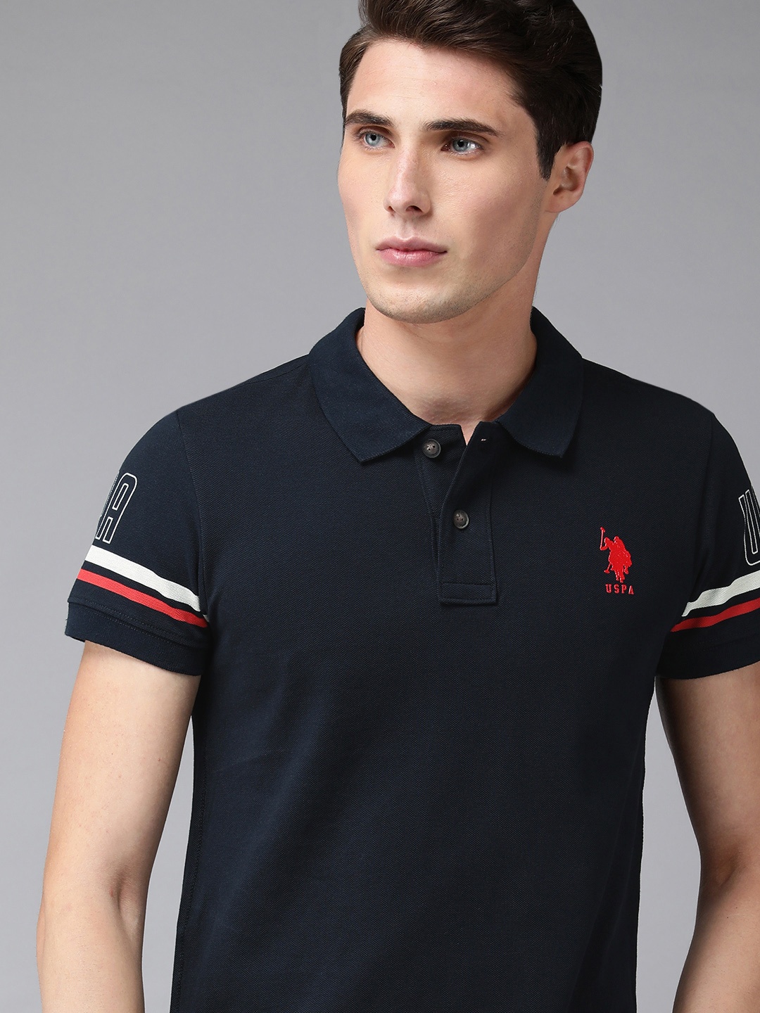 

U S Polo Assn Denim Co Men Navy Blue Polo Collar Pure Cotton Slim Fit T-shirt