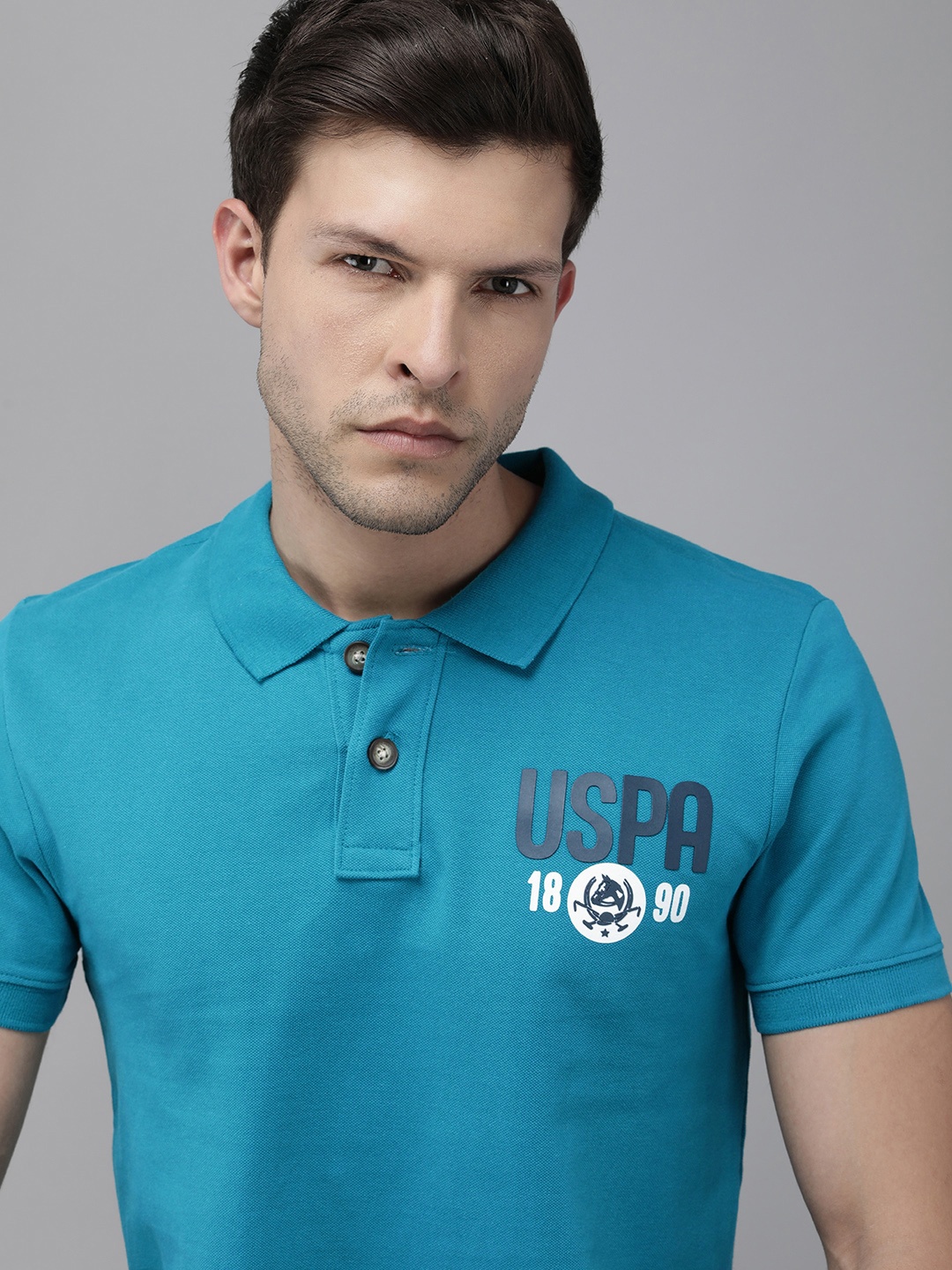 

U.S. Polo Assn. Denim Co. Men Teal Blue Brand Logo Printed Pure Cotton Slim Fit T-shirt
