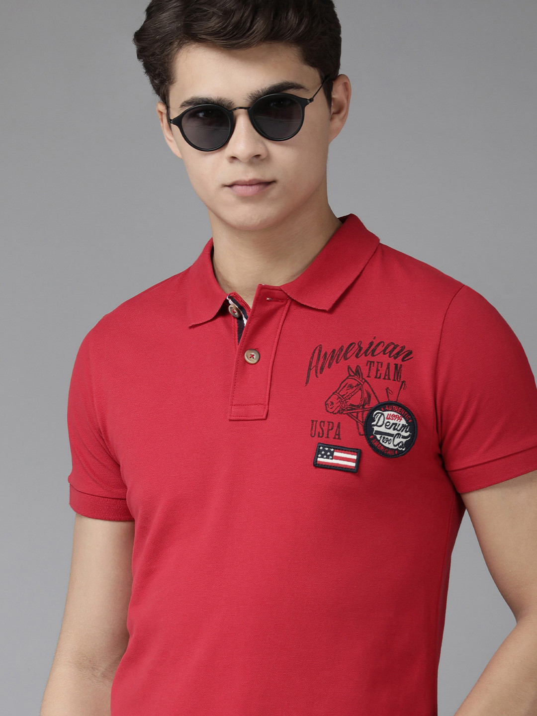 

U S Polo Assn Denim Co Men Red Printed Polo Collar Pure Cotton Applique Slim Fit T-shirt