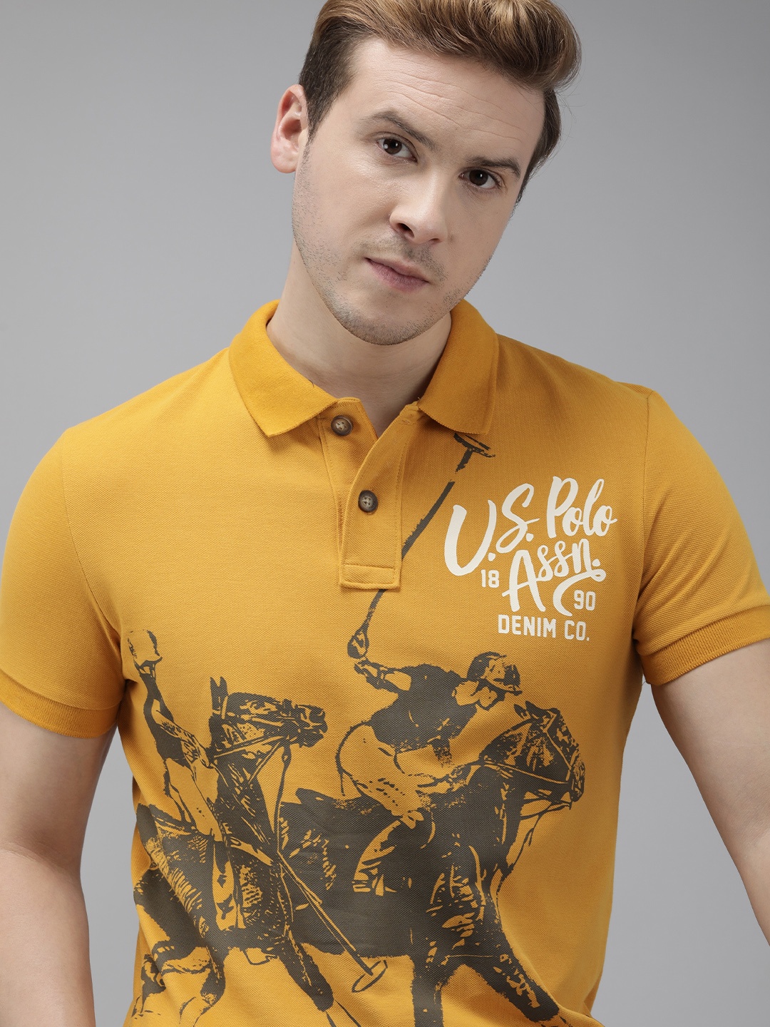 

U.S. Polo Assn. Denim Co. Men Mustard Yellow Pure Cotton Brand Logo Printed T-shirt