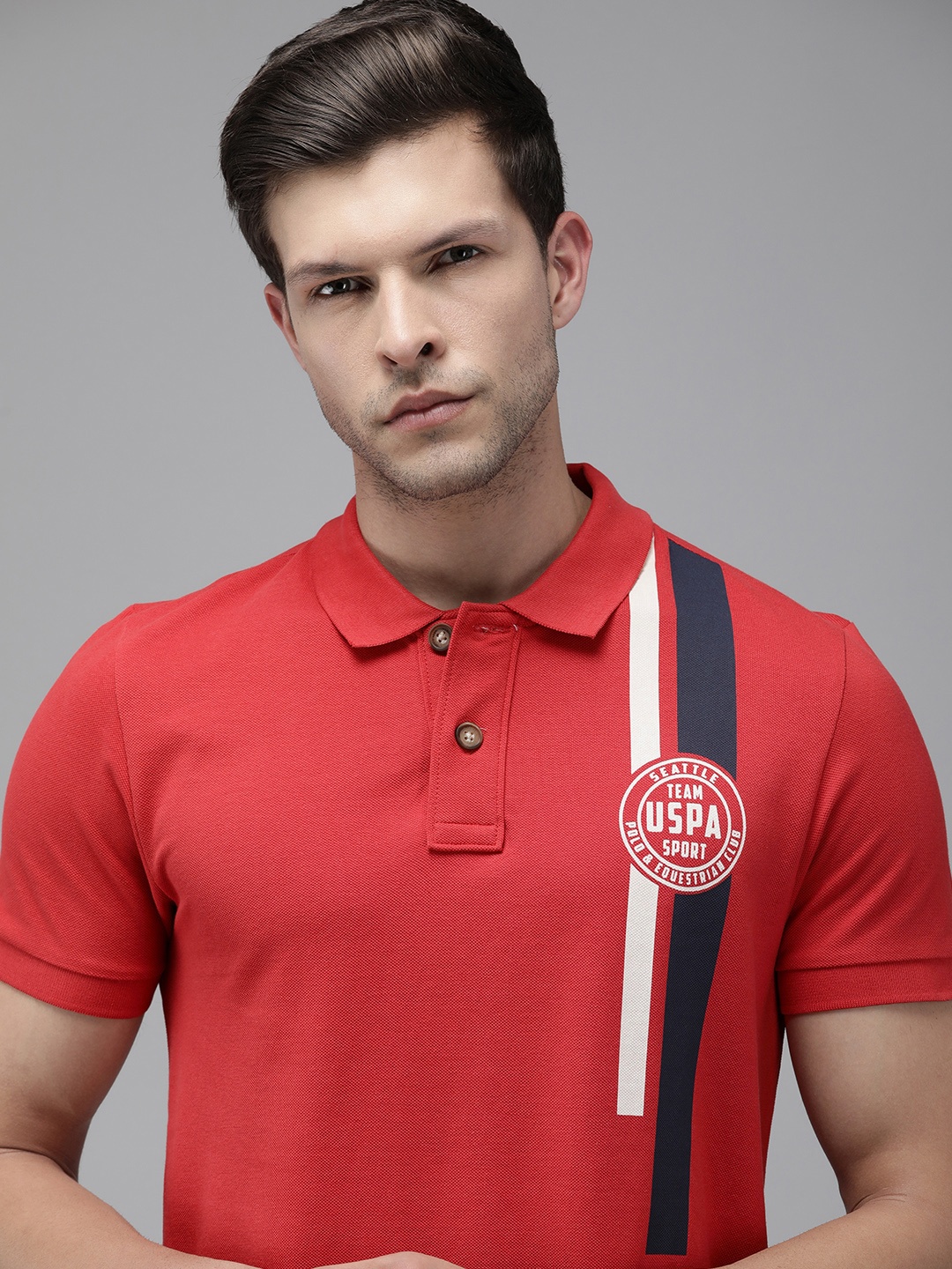 

U.S. Polo Assn. Denim Co. Men Red Brand Logo Striped Pure Cotton Slim Fit T-shirt