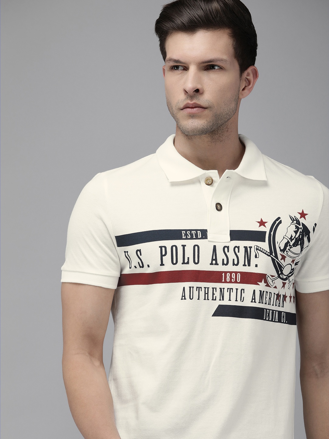 

U S Polo Assn Denim Co Men Off White Pure Cotton Brand Logo Printed Polo Collar T-shirt