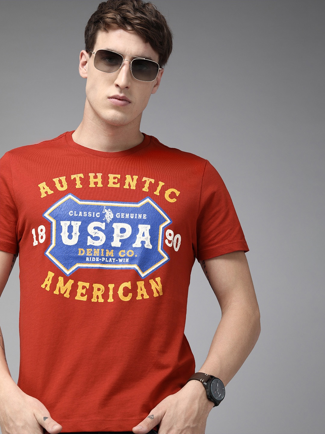 

U S Polo Assn Denim Co Men Rust Red Brand Logo Printed Pure Cotton Slim Fit T-shirt