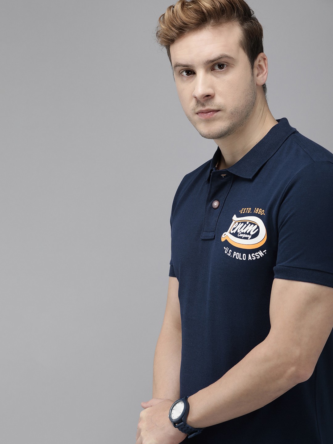 

U S Polo Assn Denim Co Men Navy Blue Pure Cotton Brand Logo Printed T-shirt