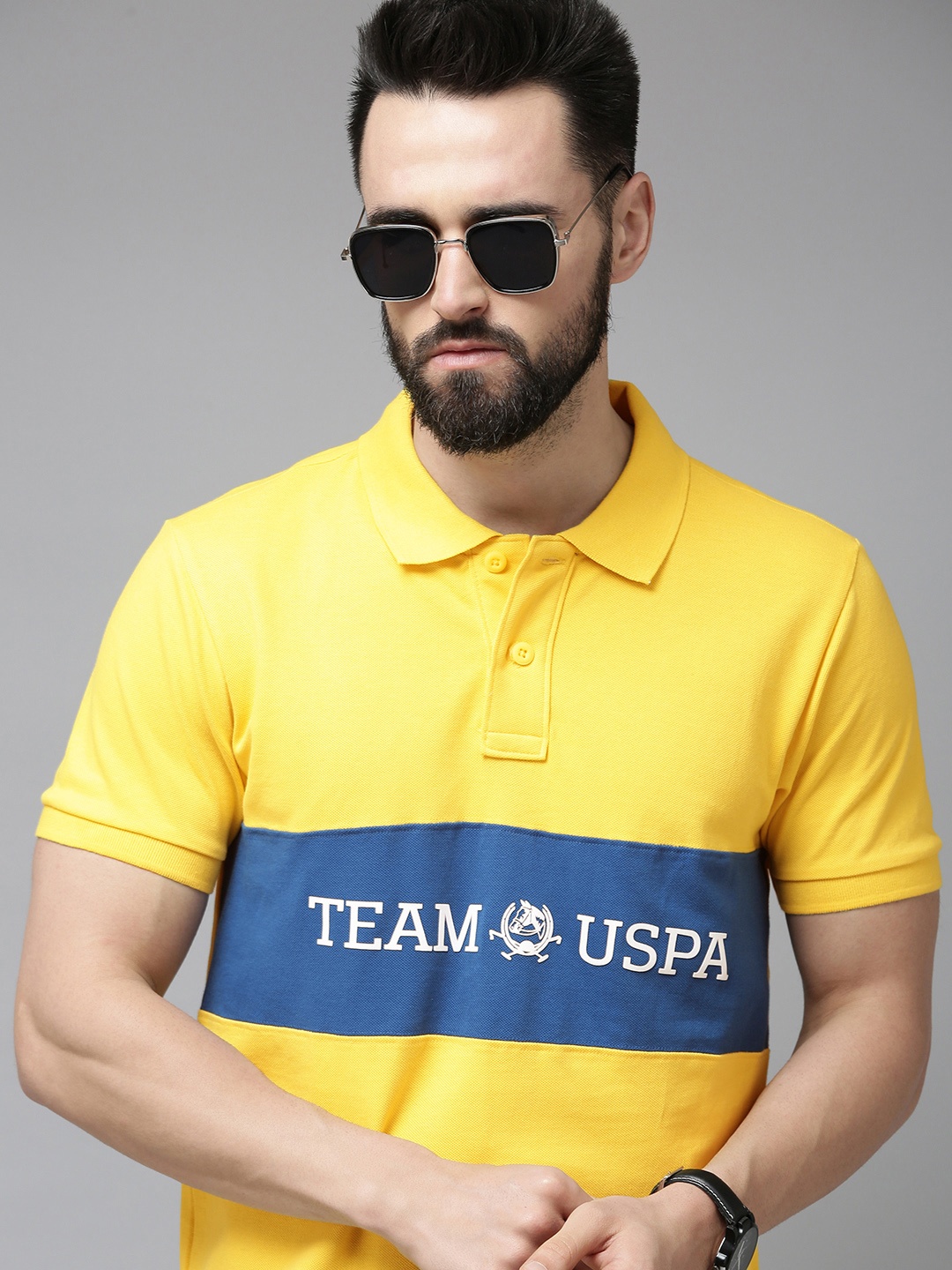 U S Polo Assn Men Yellow Typography Printed Polo Collar Slim Fit T-shirt