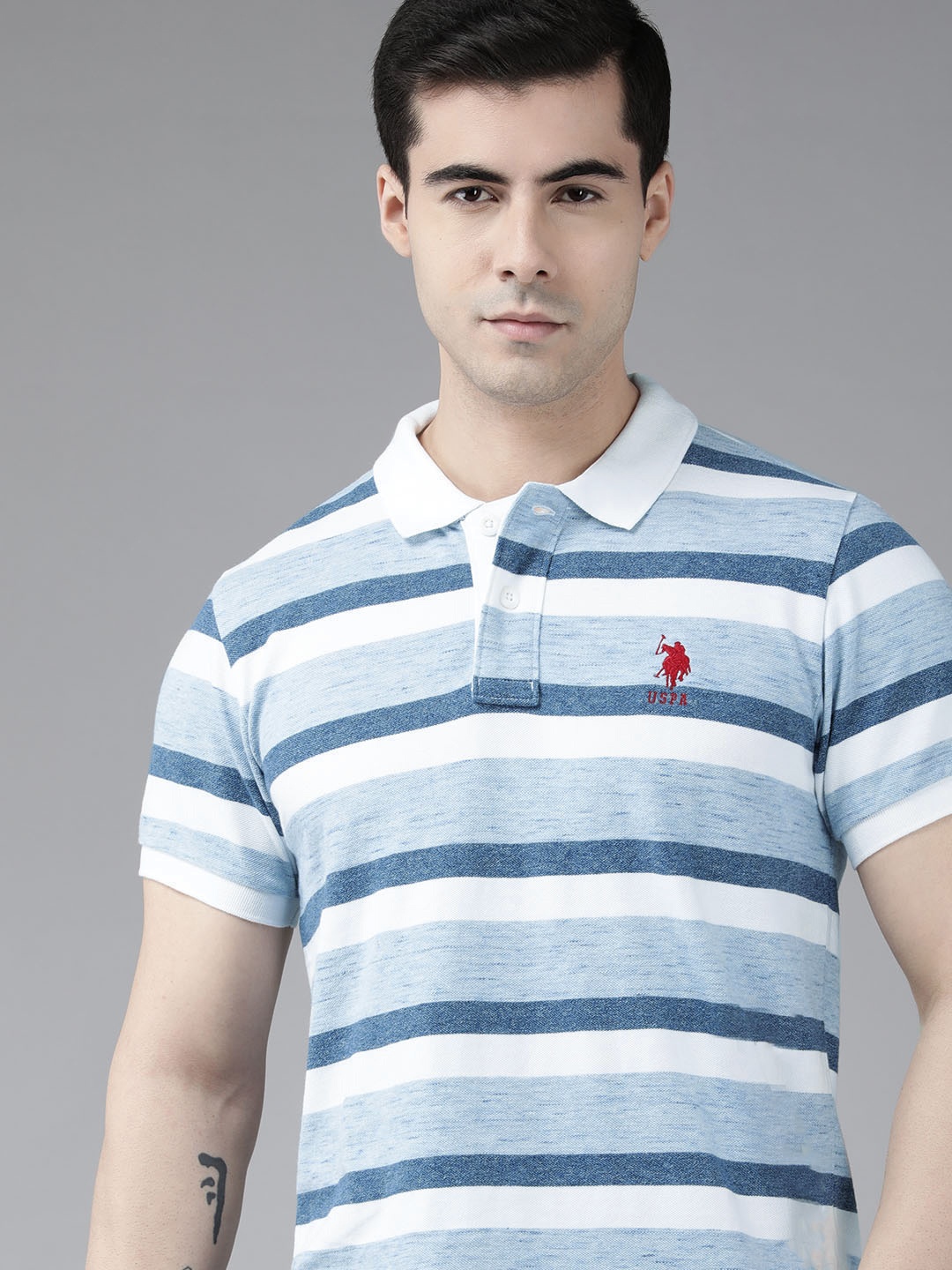 

U S Polo Assn Men White & Blue Pure Cotton Striped Polo Collar T-shirt