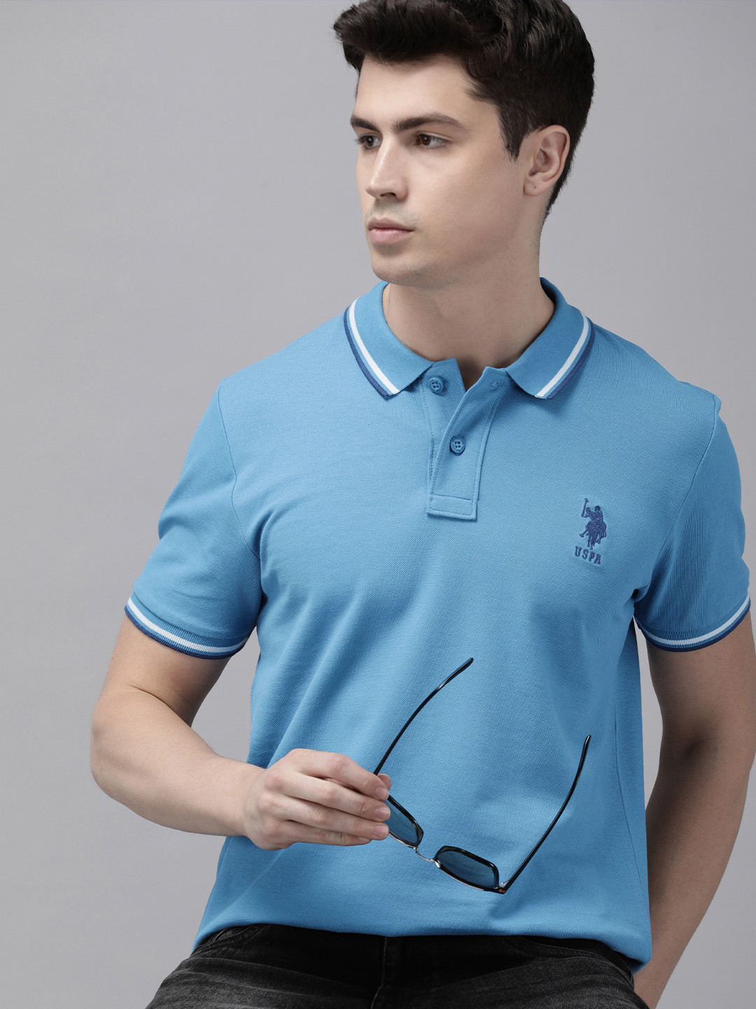

U.S. Polo Assn. Men Pure Cotton Solid Polo Collar T-shirt With Brand Logo Detail, Blue