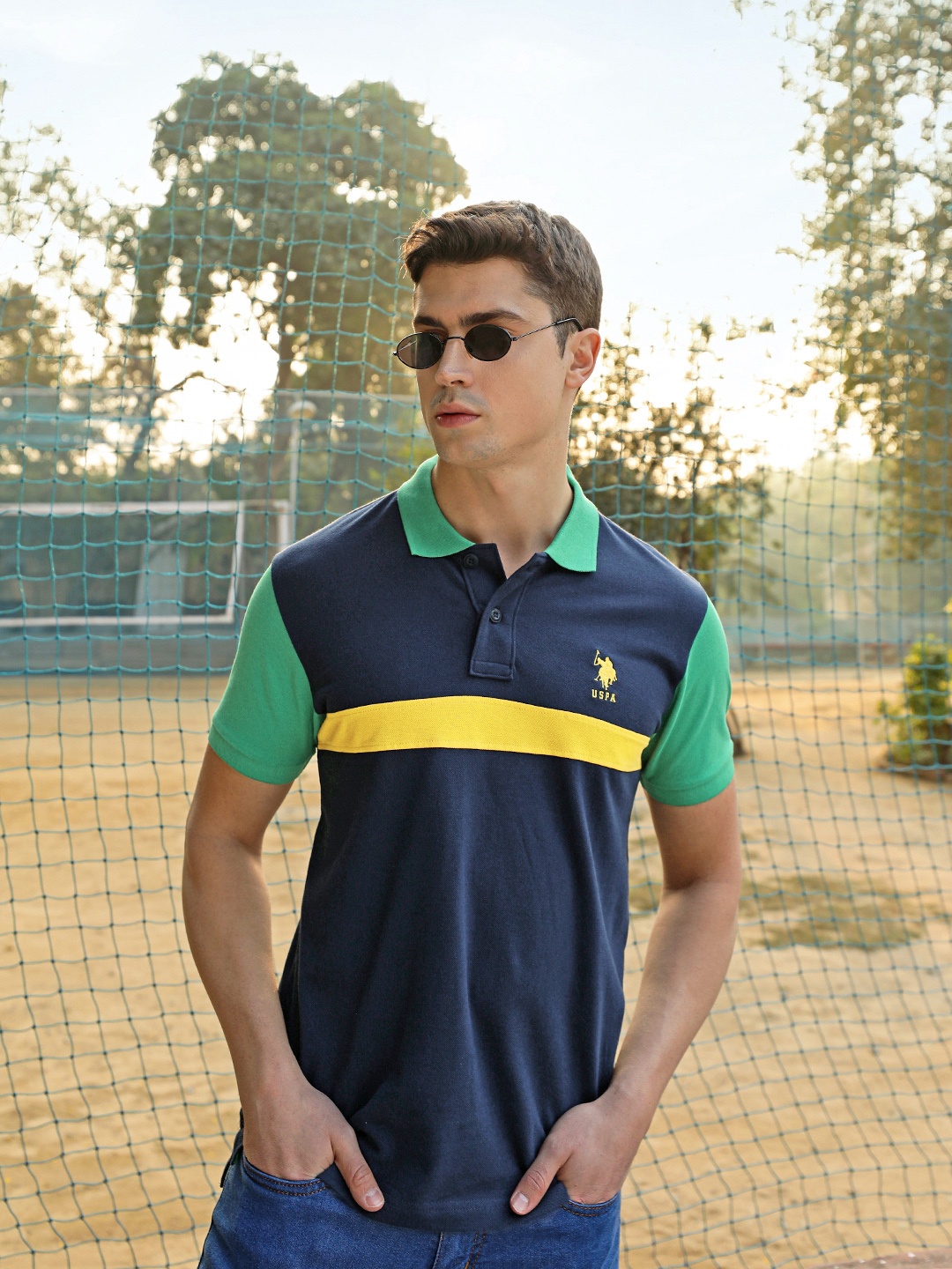 

U S Polo Assn Men Navy Blue & Yellow Striped Polo Collar Pure Cotton Slim Fit T-shirt