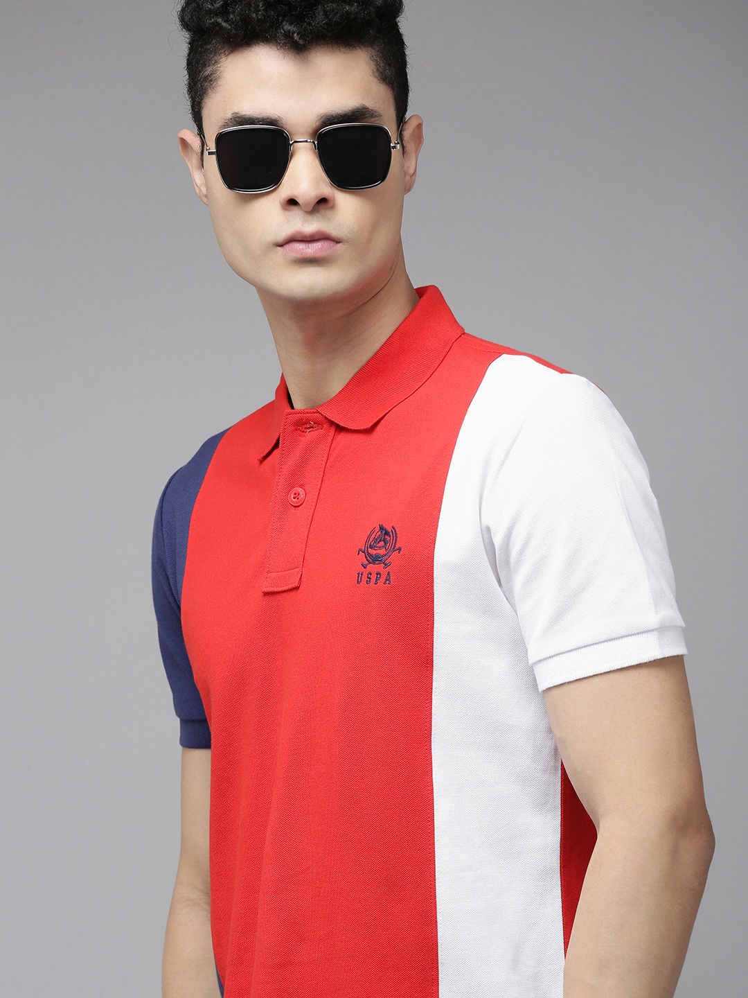 

U.S. Polo Assn. Men Red & White Colourblocked Polo Collar Pure Cotton Slim Fit T-shirt