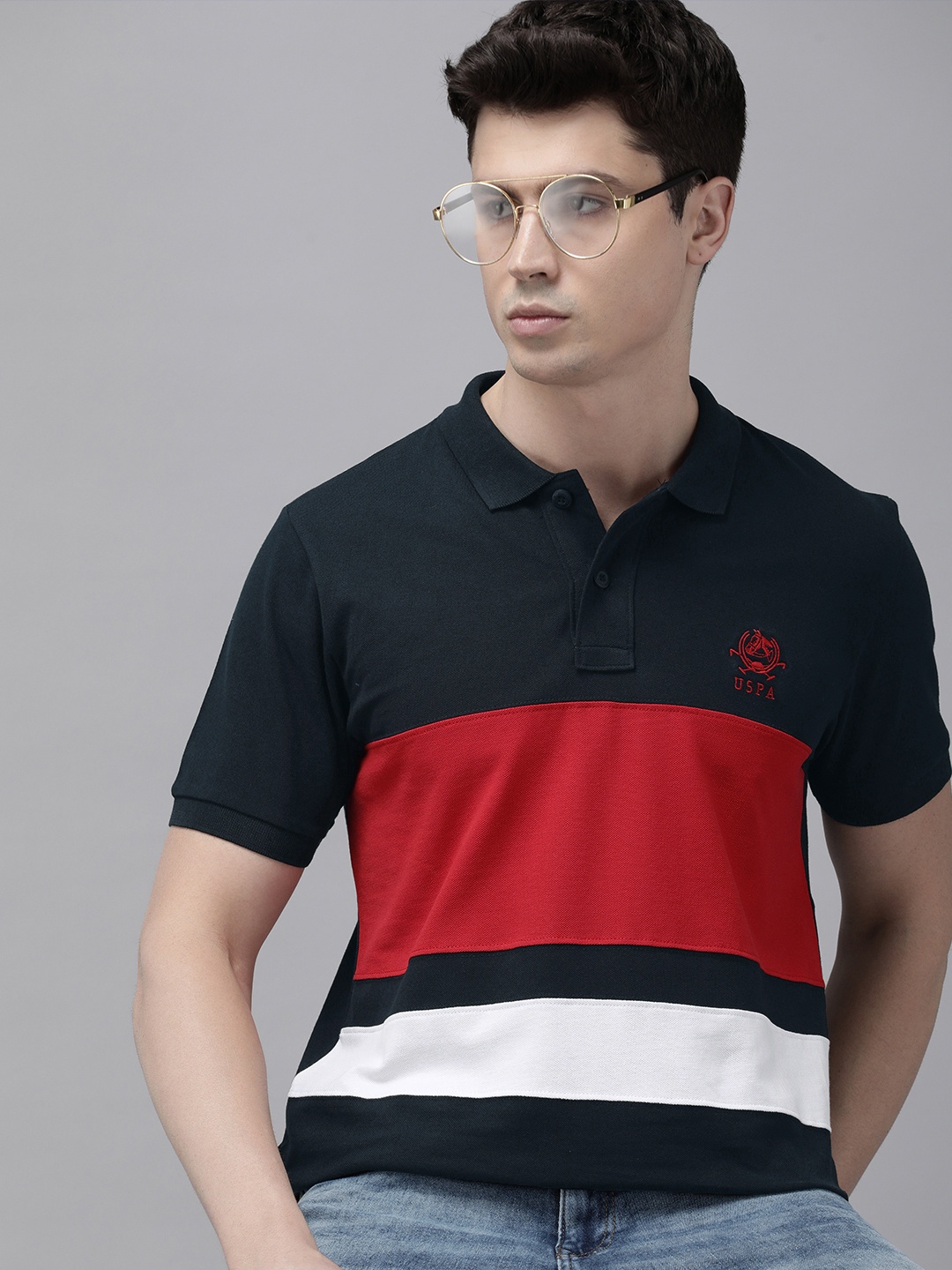 

U.S. Polo Assn. Men Pure Cotton Colourblocked Polo Collar T-shirt, Navy blue