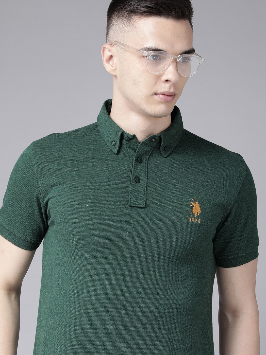 

U S Polo Assn Men Embroidered Polo Collar Slim Fit Pure Cotton Casual T-shirt, Olive