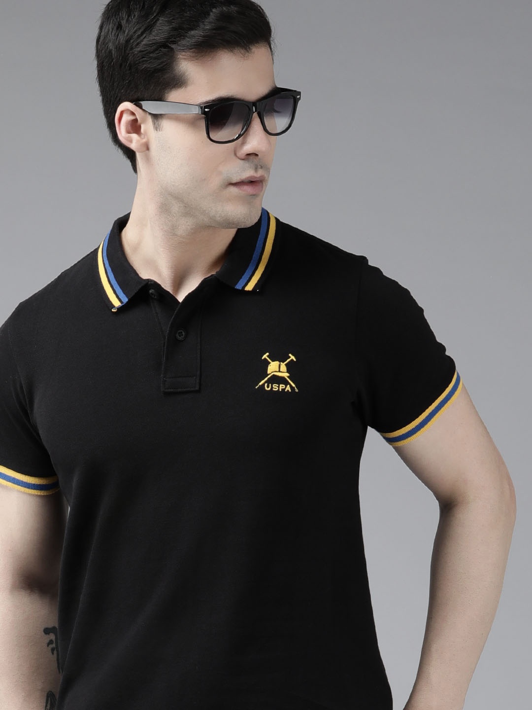 

U S Polo Assn Men Black Pure Cotton Polo Collar Slim Fit T-shirt